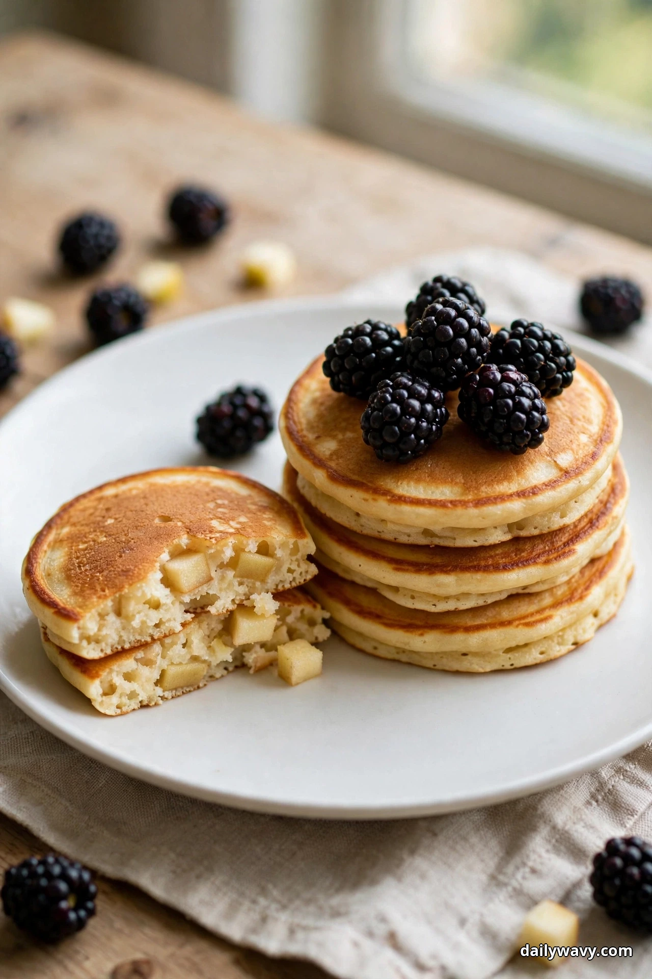 A stack of golden apple pancakes topped with whole fresh blackberries sits on a white plate, with one pancake pulled aside and broken open showing the apple pieces inside