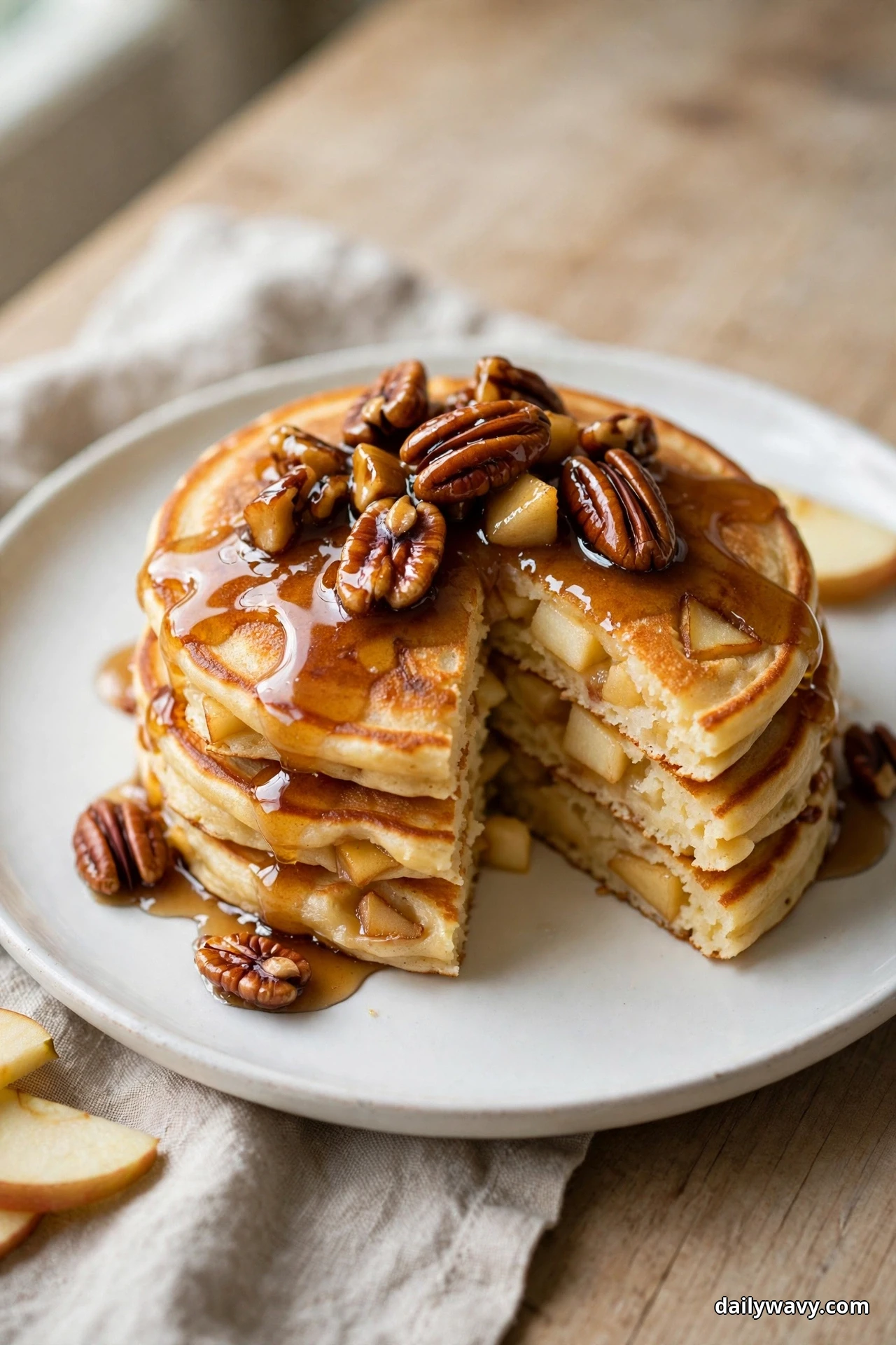 A stack of golden apple pancakes covered with glossy maple-glazed pecan halves and syrup sits on a white plate, one wedge cut away showing the apple cubes inside