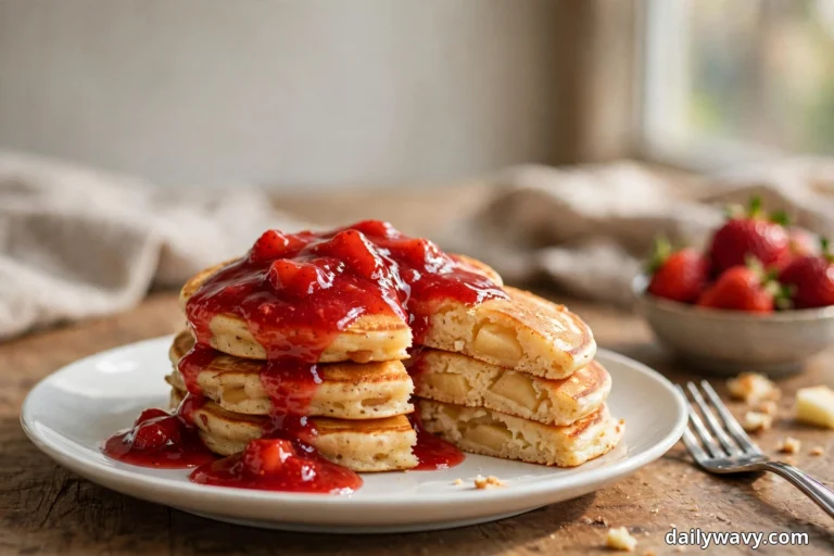 A stack of golden apple pancakes covered with glossy chunky strawberry sauce sits on a white plate on a wooden table, one wedge cut open showing the apple pieces inside the fluffy crumb, with a bowl of fresh strawberries behind it