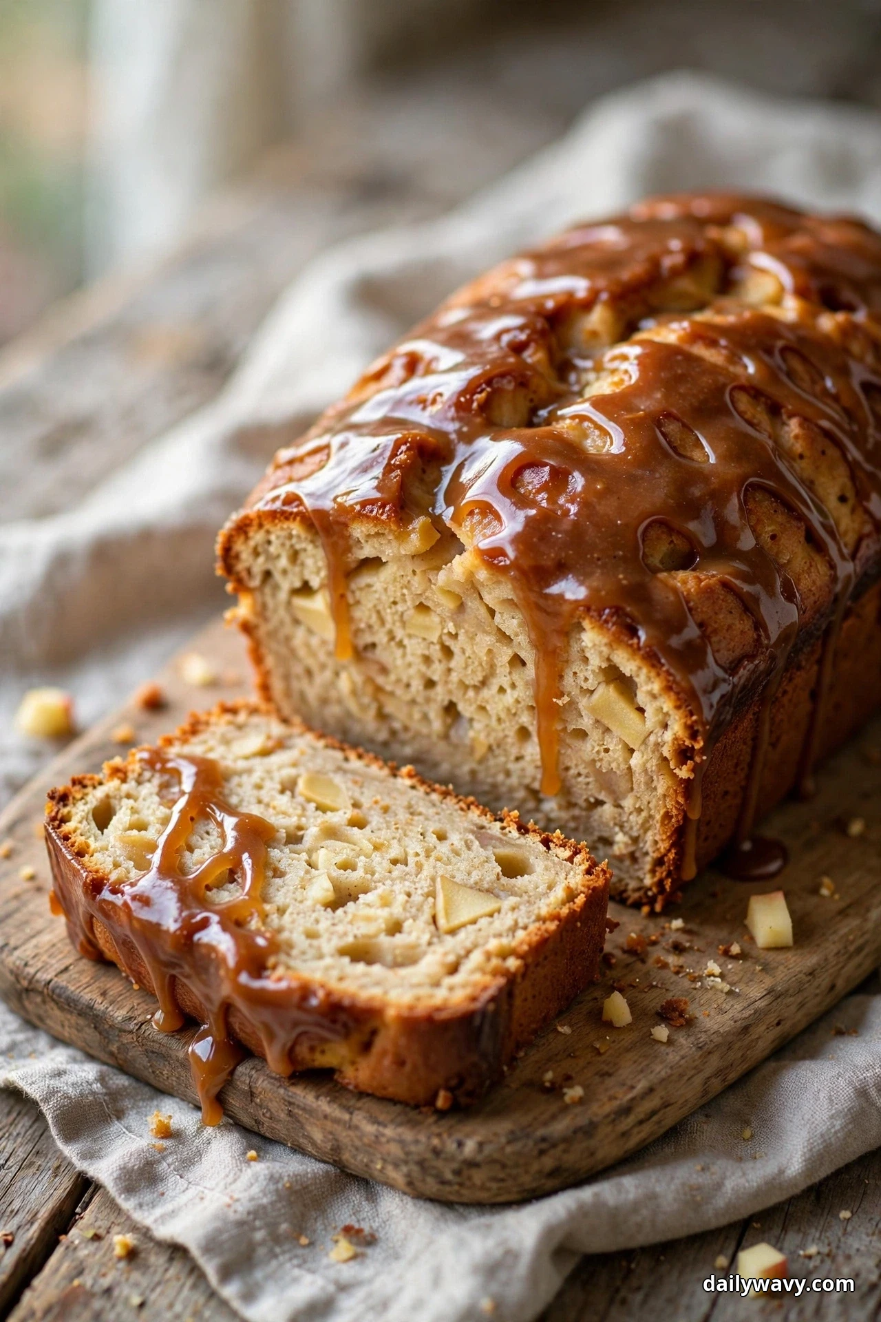 A close view shows an apple quick bread loaf covered in glossy brown-butter glaze on a wooden board over linen, with one slice cut and lying in front showing the pieces of diced apple in the crumb