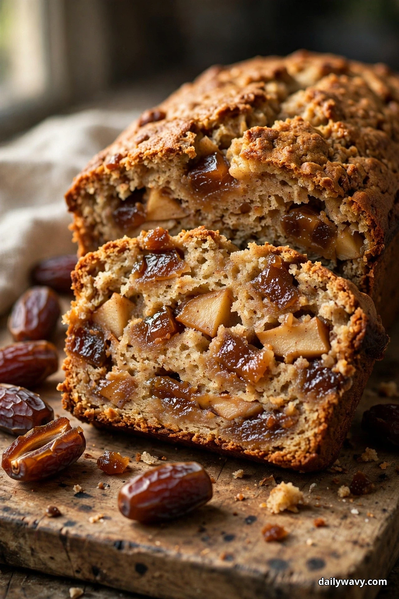 A close view shows a slice of apple quick bread filled with glossy dark date pieces and diced apple standing in front of the loaf on a wooden board, with whole dates scattered beside it