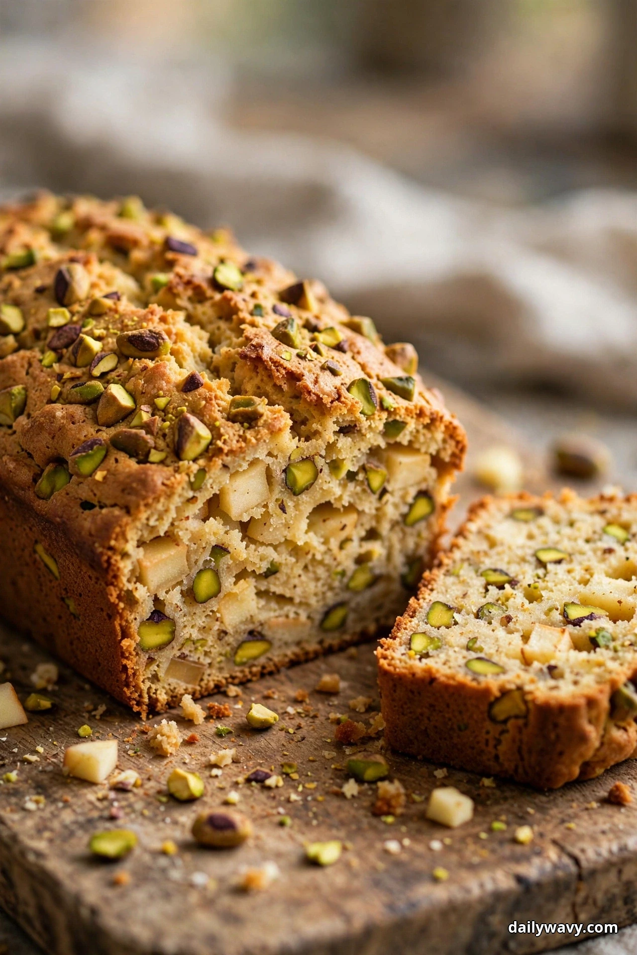 An apple quick bread loaf topped with chopped green pistachios stands on a wooden board with one slice cut beside it, showing pistachio pieces and diced apple throughout the crumb