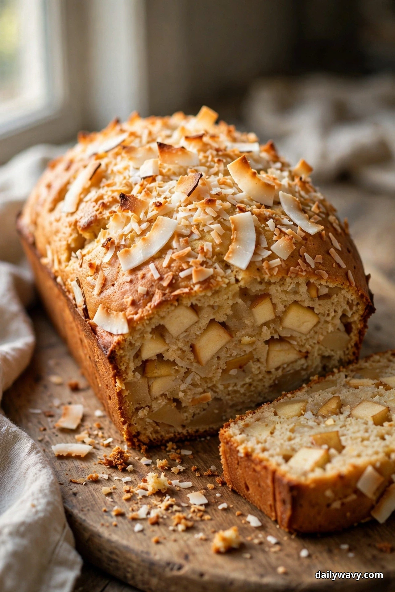 An apple quick bread loaf covered with toasted coconut flakes stands on a wooden board by a window, with one slice cut at the side showing chunks of apple in the crumb