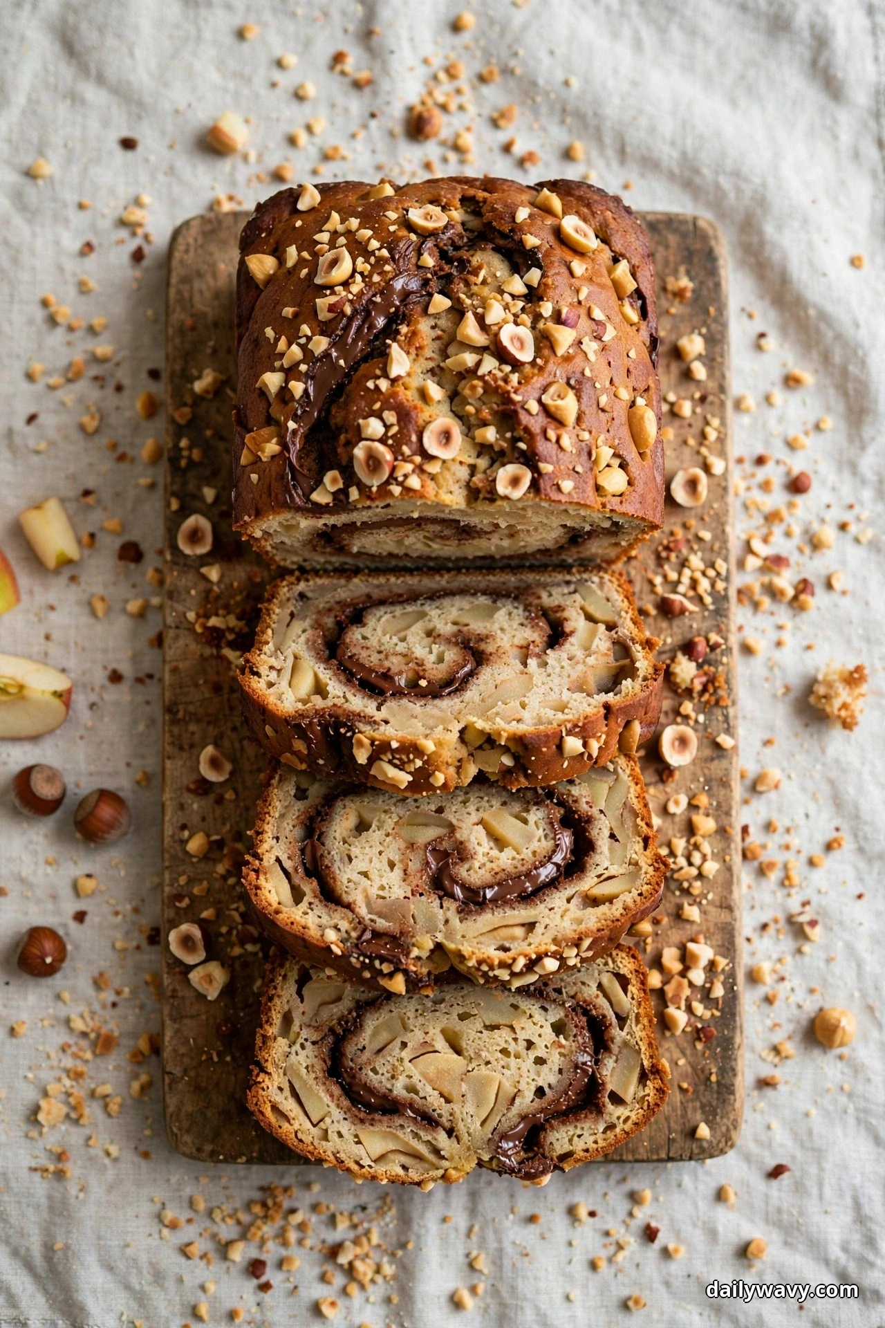 Seen from above, an apple quick bread loaf topped with chopped hazelnuts rests on a wooden board, with three slices below it showing a dark chocolate-hazelnut swirl winding through the apple crumb