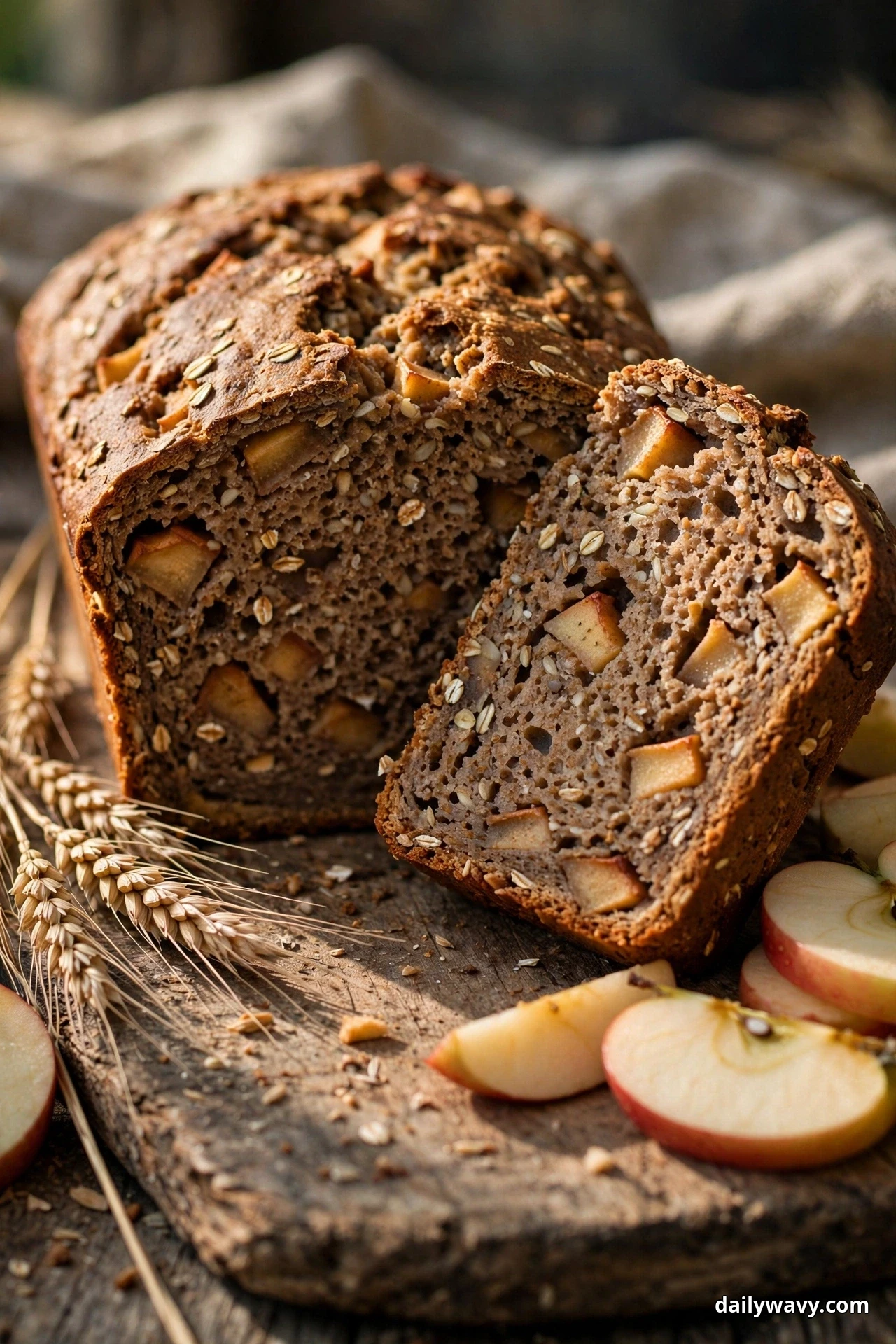 A dark whole-wheat apple quick bread loaf with a dense, speckled crumb stands on a wooden board, with one thick slice leaning against it showing chunks of apple and fresh apple slices beside it
