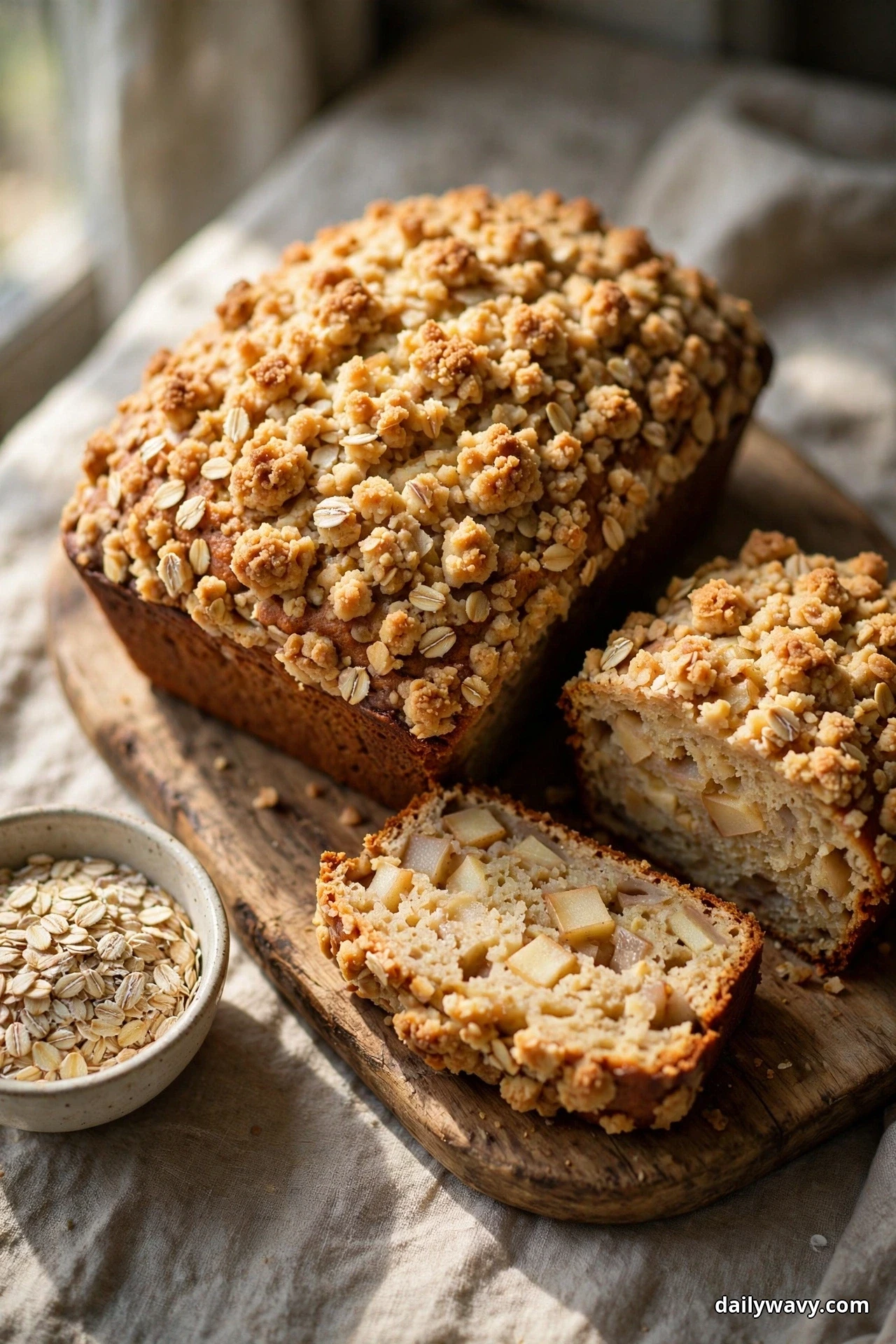 An apple quick bread loaf covered with a golden oat crumble topping rests on a wooden board, with slices in front showing chunks of apple in the crumb and a small bowl of rolled oats beside it
