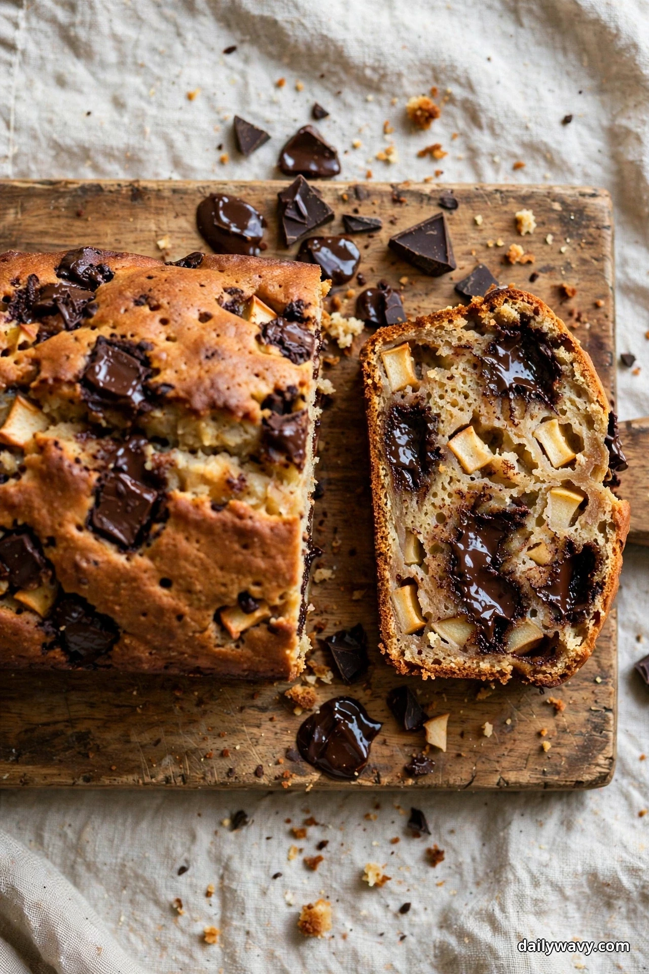 Seen from above, an apple quick bread loaf studded with melted dark chocolate chunks rests on a wooden board, with one slice beside it showing pools of melted chocolate and cubes of apple in the crumb
