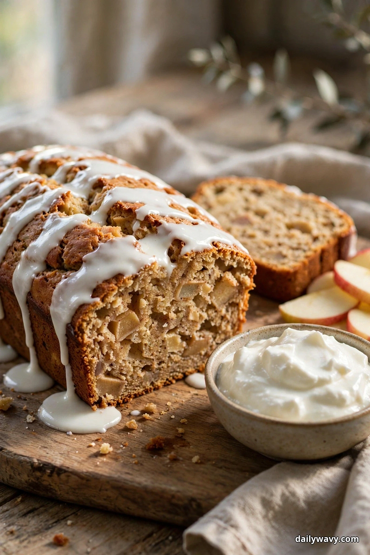 An apple quick bread loaf drizzled with white yogurt glaze stands on a wooden board with one slice behind it, with a small bowl of yogurt and apple slices beside it