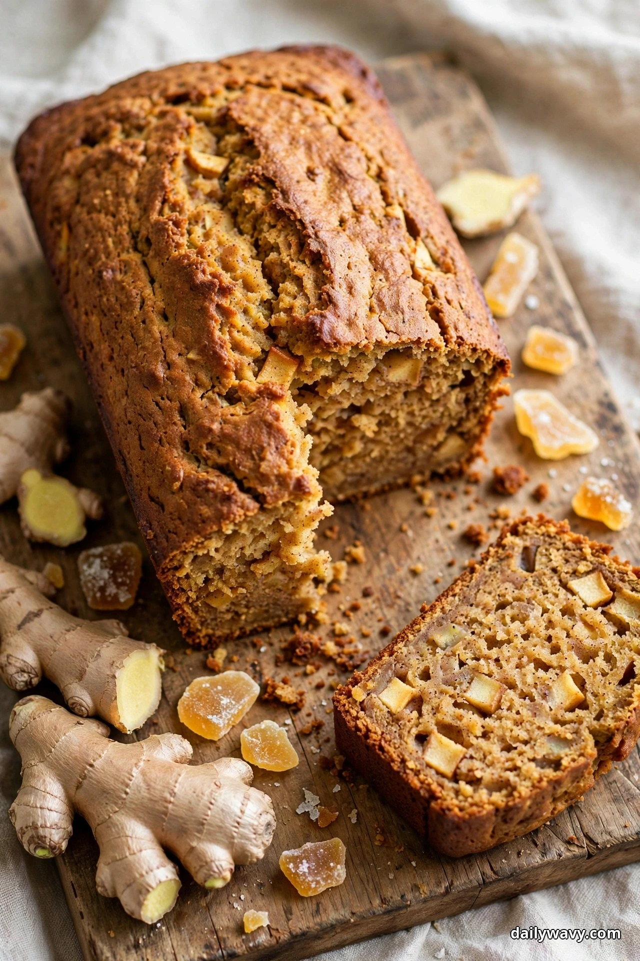 A warmly spiced apple quick bread loaf rests on a wooden board with one slice cut showing diced apple in the crumb, with fresh ginger root and pieces of candied ginger scattered beside it