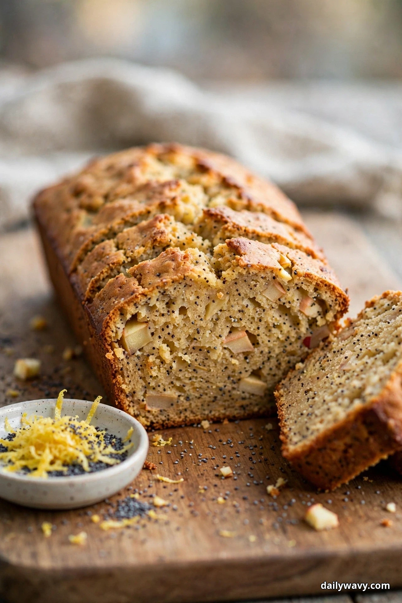 An apple quick bread loaf flecked with poppy seeds throughout its crumb stands on a wooden board with slices at the side and a small dish of poppy seeds and lemon zest beside it