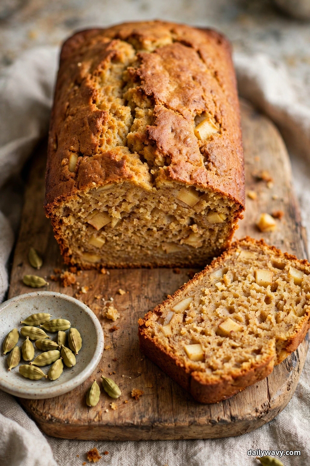 A golden apple quick bread loaf with a cracked, crisp top rests on a wooden board, with one slice cut in front showing cubes of apple in the warmly spiced crumb
