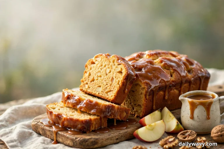 An apple quick bread loaf with glossy brown-butter glaze dripping down its sides rests on a wooden board over linen, with a thick slice propped against it showing the diced apple crumb and apple wedges and a small jug of glaze beside it