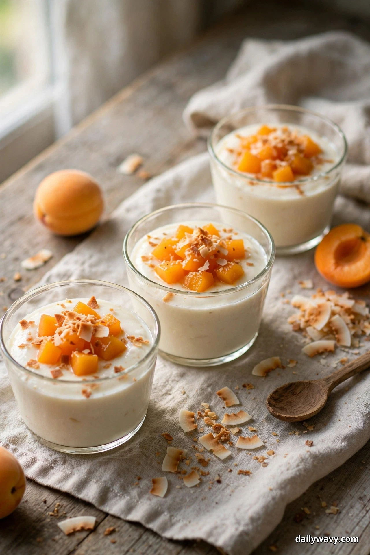 Three glass cups of coconut pudding topped with diced apricots and toasted coconut flakes sit on a linen cloth with fresh apricots and a wooden spoon beside them
