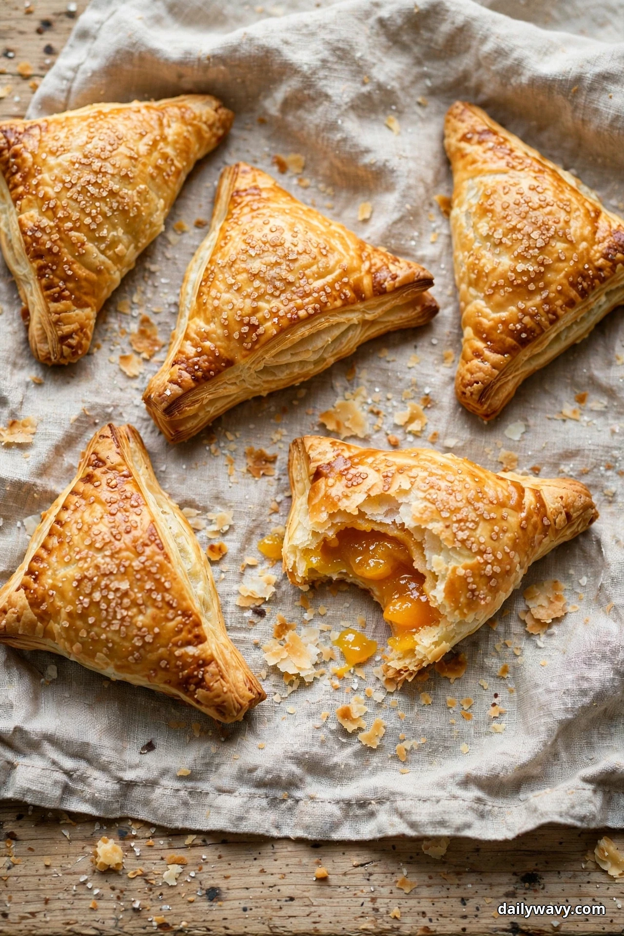 Golden triangular apricot turnovers sprinkled with coarse sugar rest on a linen cloth, one broken open to show the jammy apricot filling