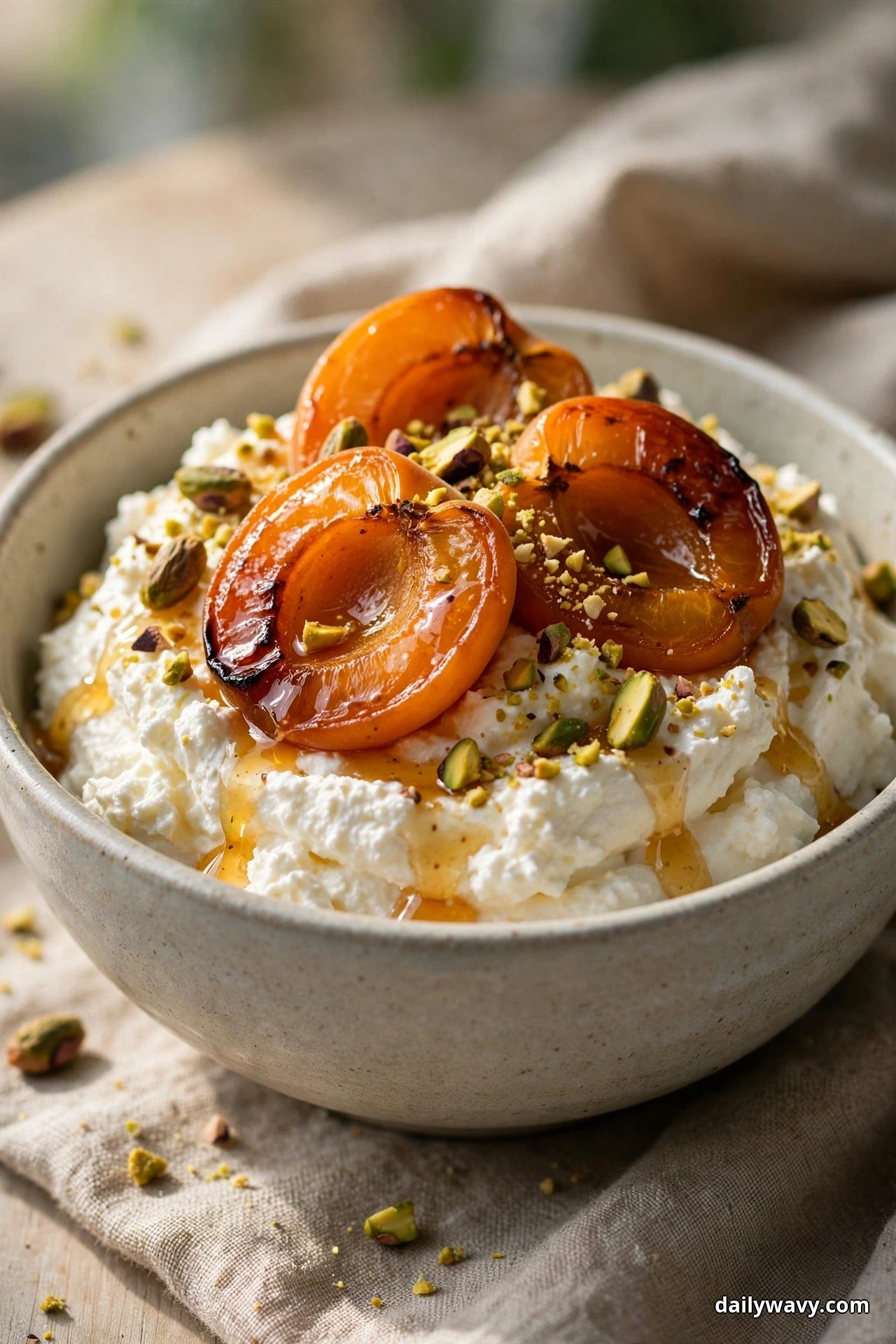 A bowl of whipped ricotta topped with caramelized apricot halves, a drizzle of honey and chopped pistachios sits on a linen cloth