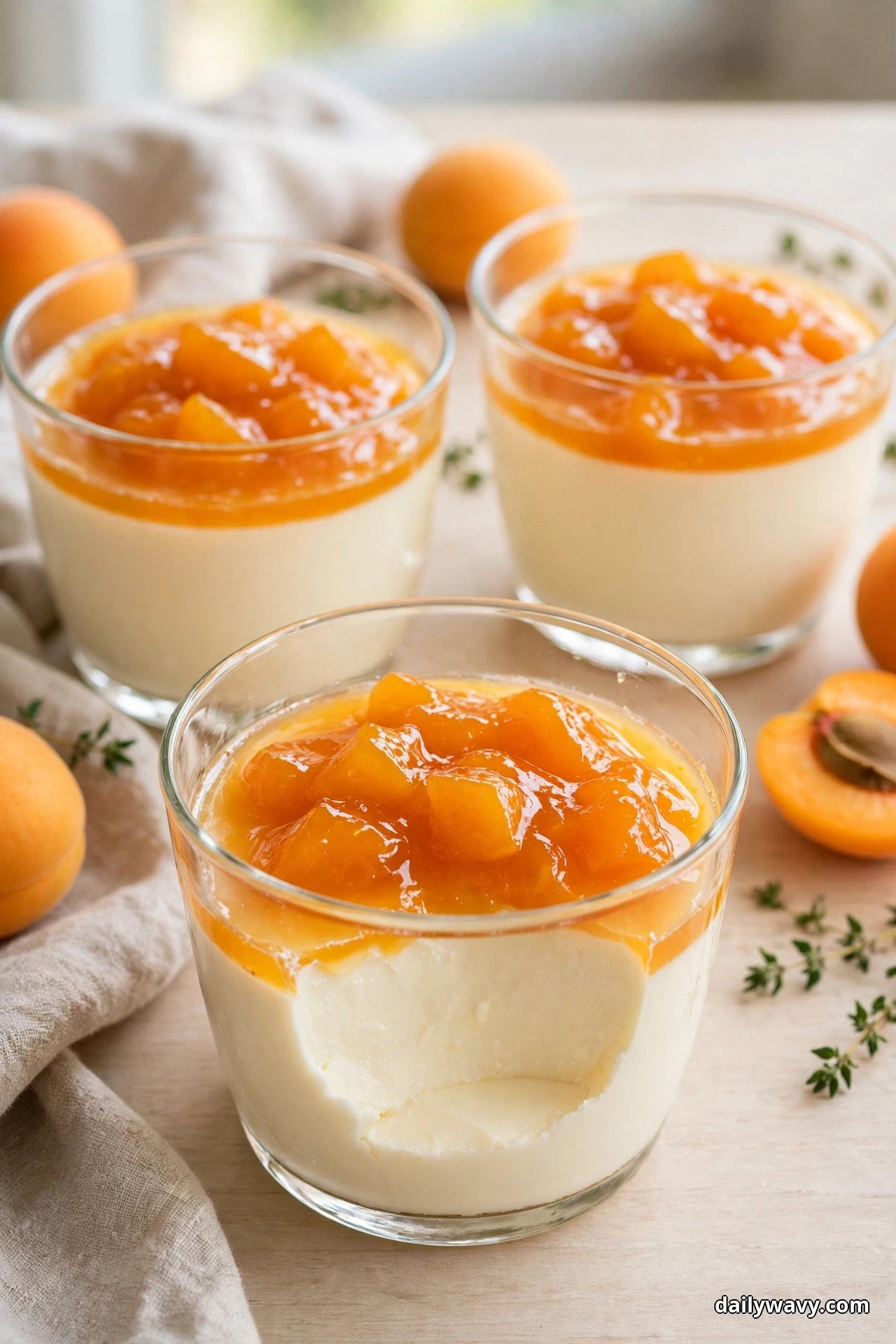 Three glass cups of vanilla panna cotta topped with glossy apricot compote stand on a light table, the front cup showing a spooned-out scoop
