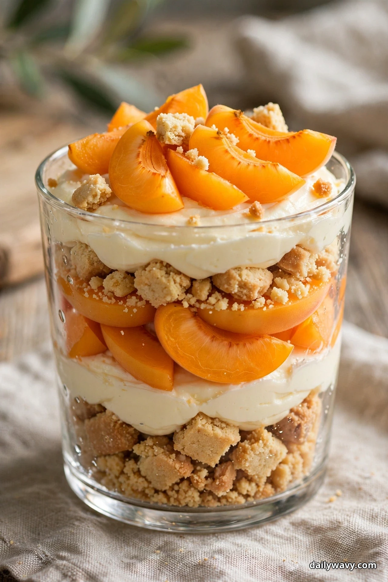 A glass layered with crumbled biscuit, cream and apricot slices is topped with fresh apricot wedges and biscuit crumbs