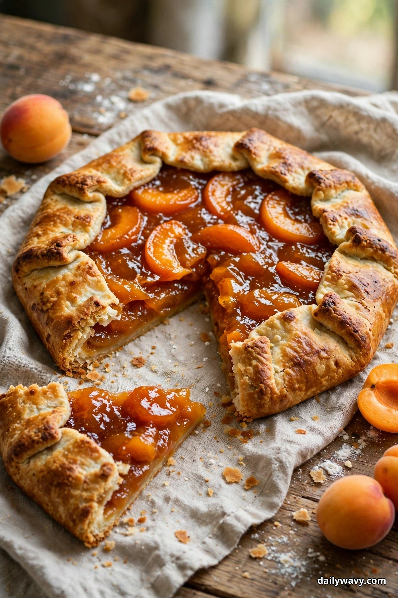 A rustic apricot galette with a folded golden crust and glossy jammy apricot filling rests on a linen cloth with one slice cut
