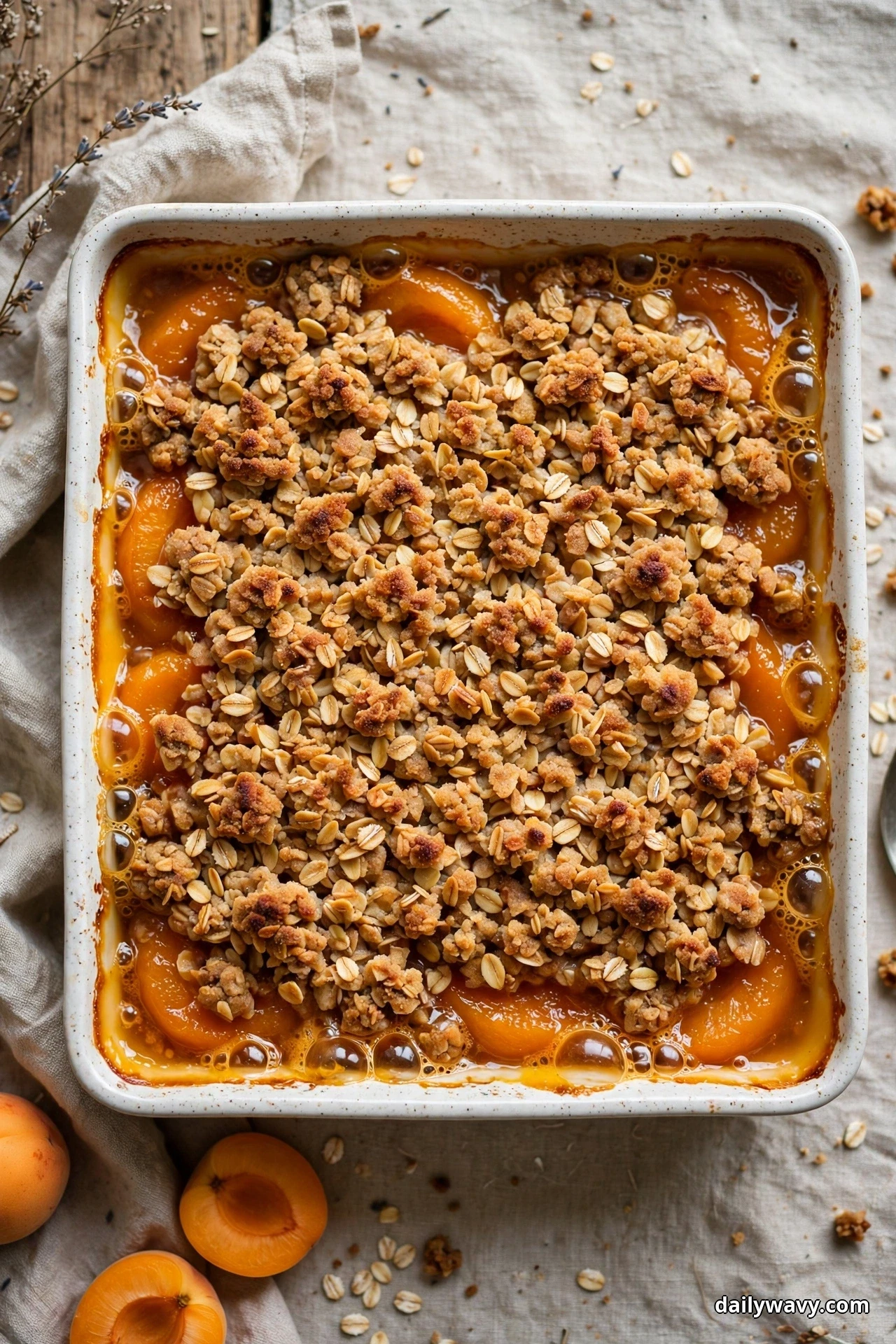 A square baking dish of apricot oat crisp with a chunky golden oat topping and apricot filling bubbling at the edges is seen from above