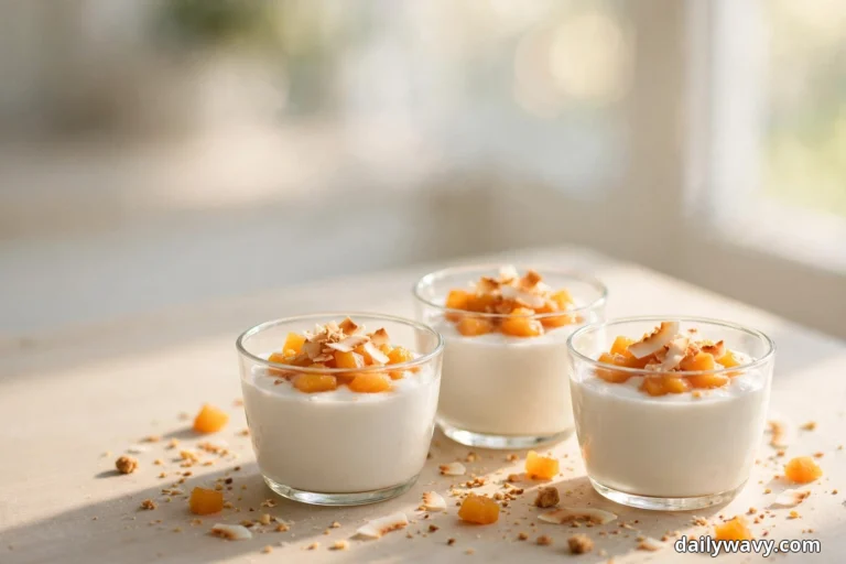 Three glass cups of white coconut pudding topped with diced apricots and toasted coconut flakes stand on a light table beside a bright window