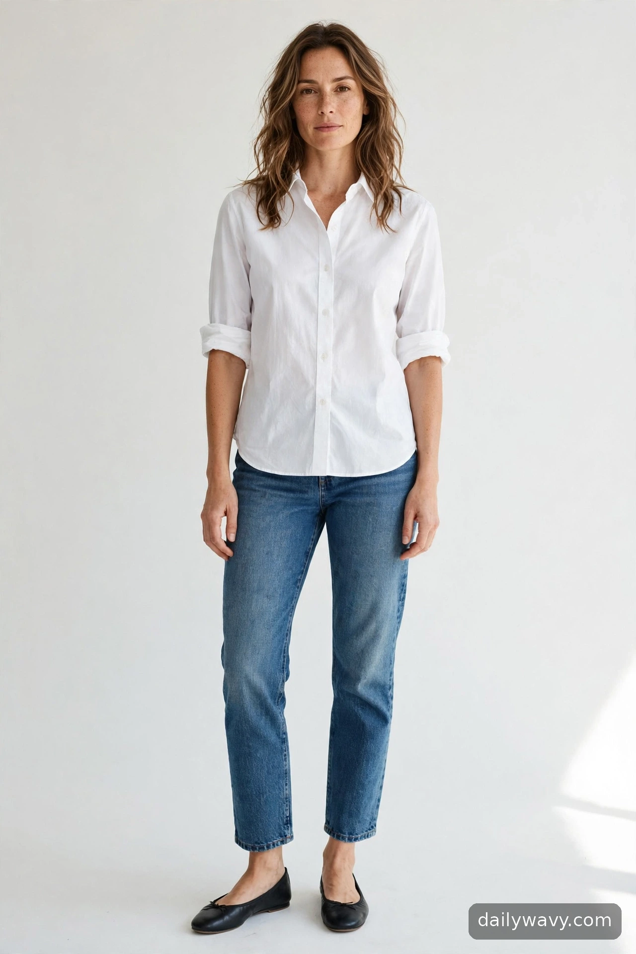 Adult wearing straight jeans and a white shirt for ballet flat outfits