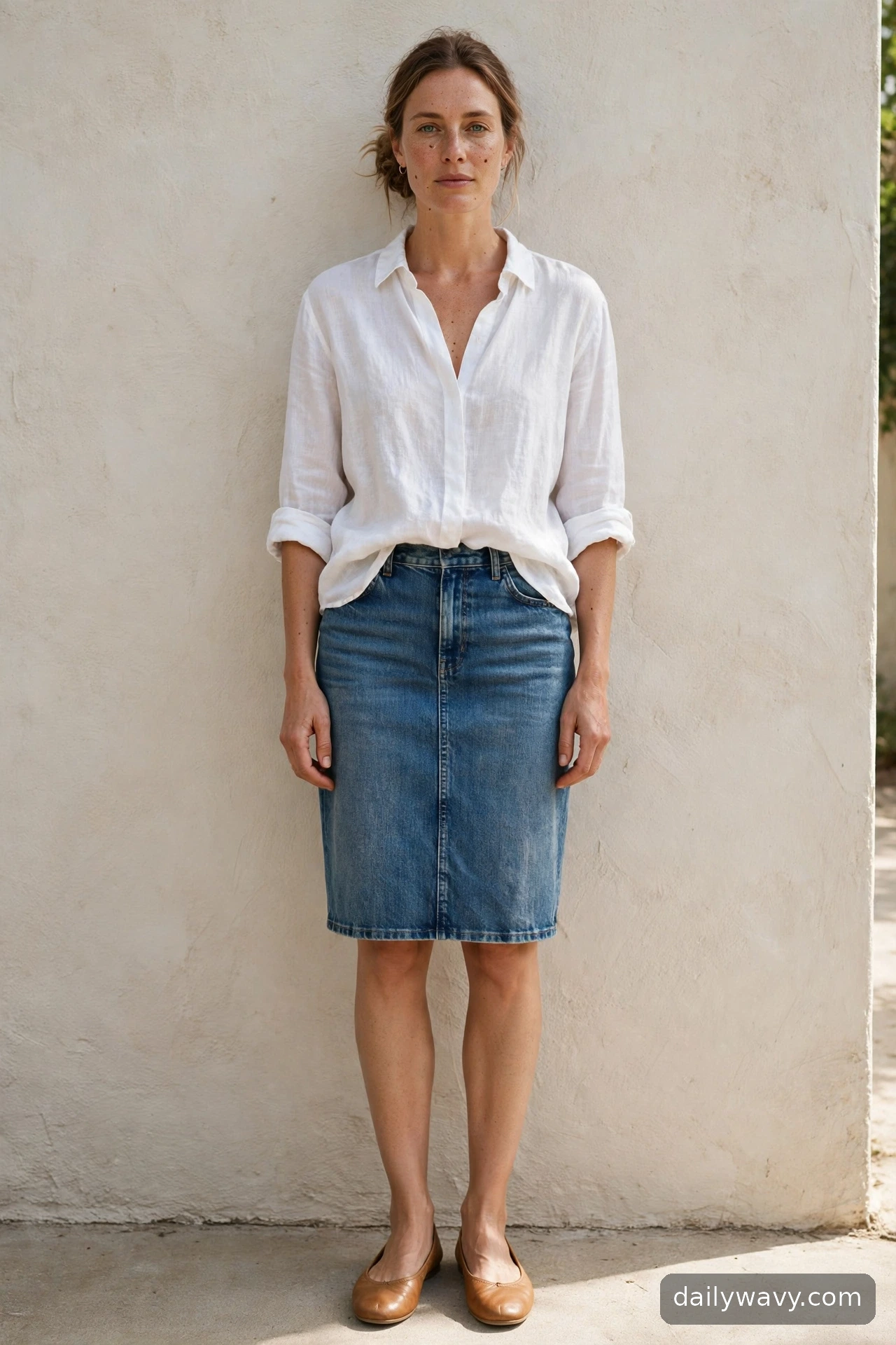 Adult wearing denim skirt and a relaxed shirt for ballet flat outfits