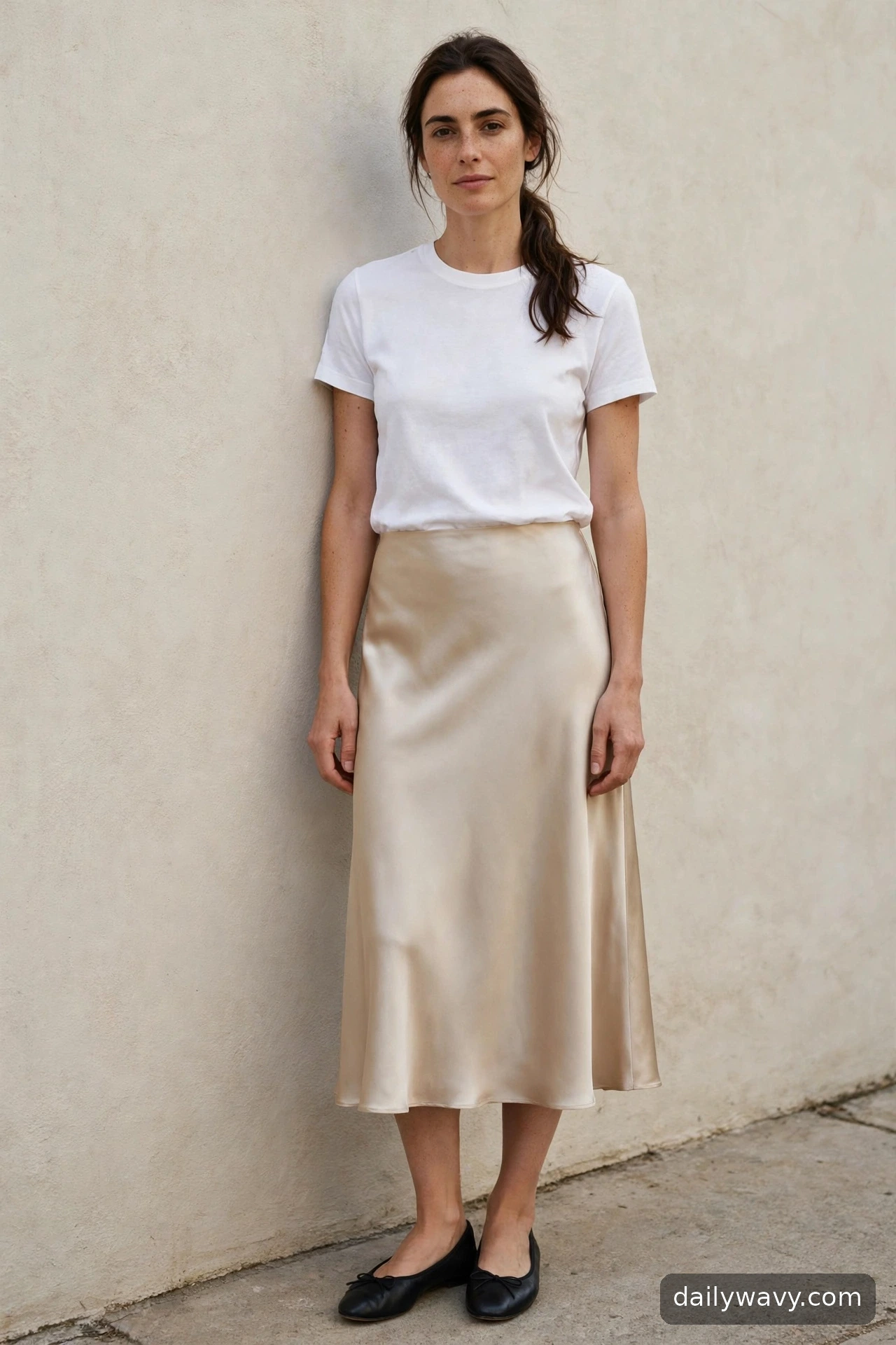 Adult wearing satin skirt and a plain tee for ballet flat outfits