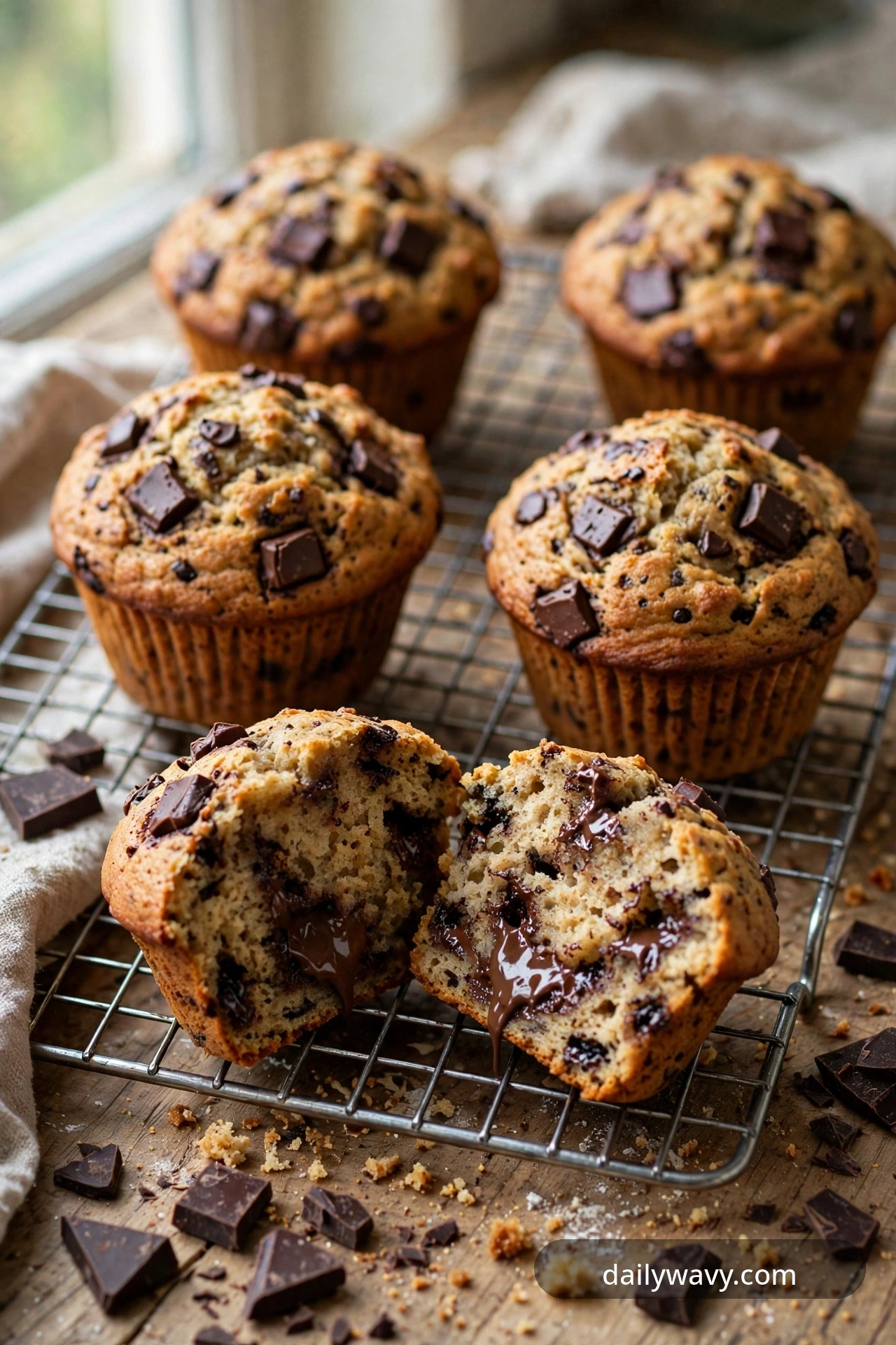 Banana muffin with dark chocolate chunks, melted chocolate pockets visible on top
