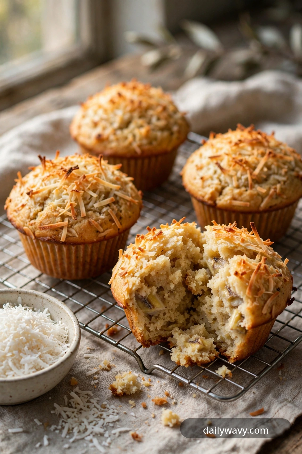 Banana muffin with toasted golden coconut topping