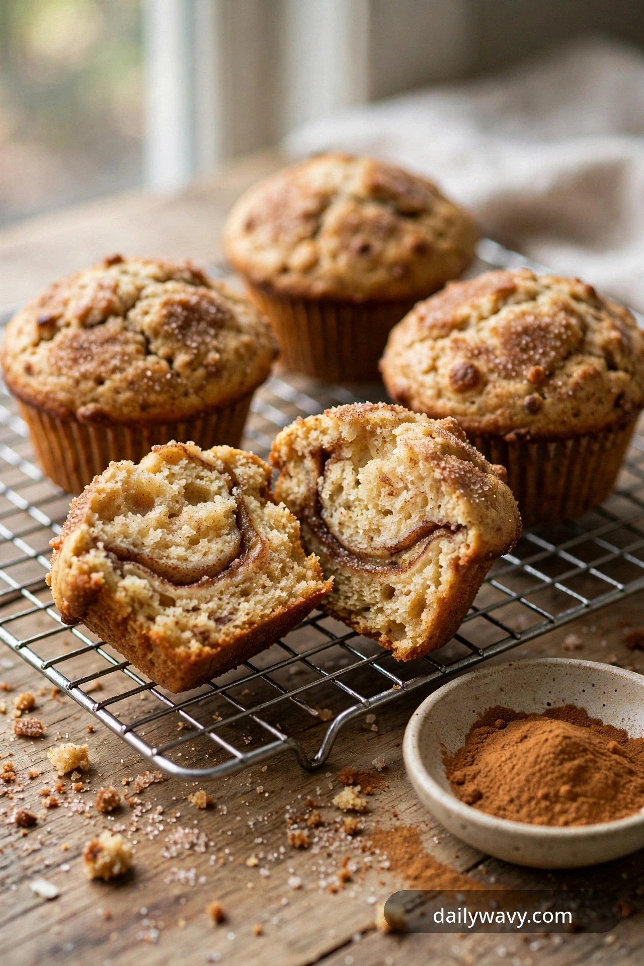 Banana muffin with cinnamon swirl ribbon running through the middle