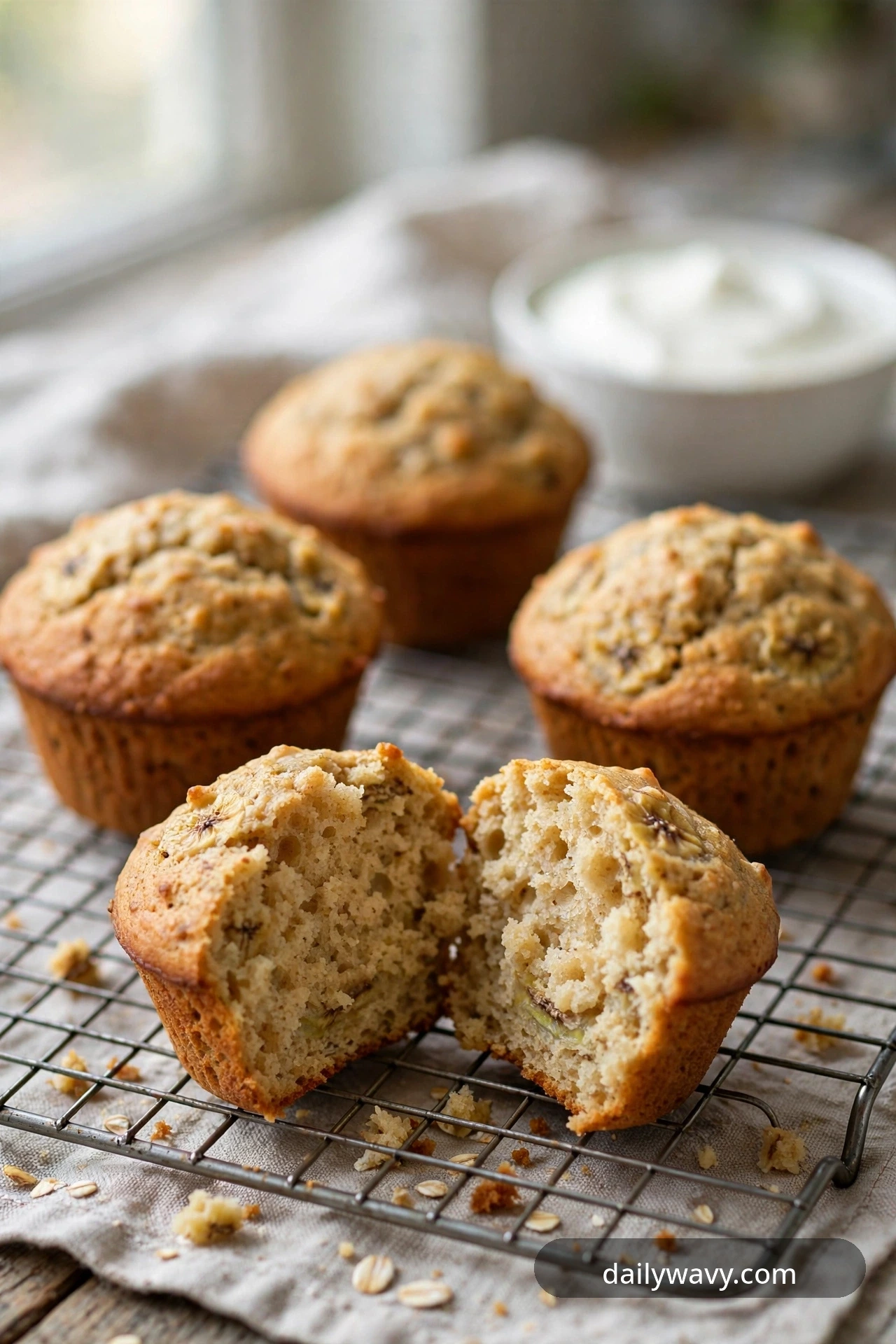 Springy banana yogurt muffin, tall golden dome