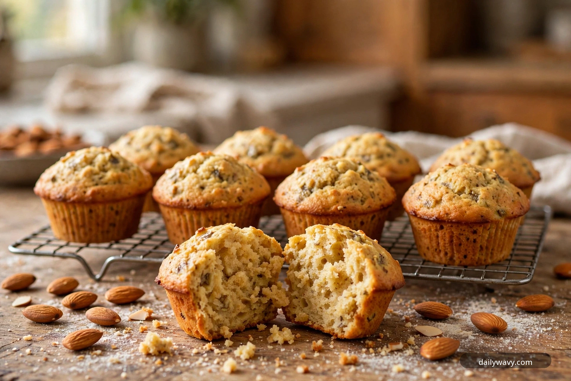 Tray of golden banana muffins with ripe bananas on a kitchen counter