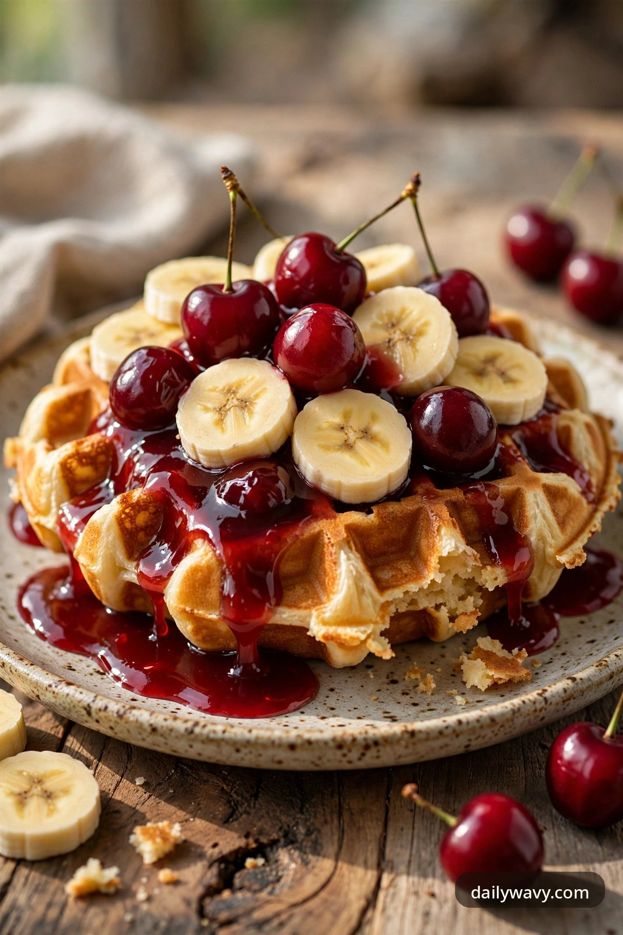 Banana waffles with cherry sauce