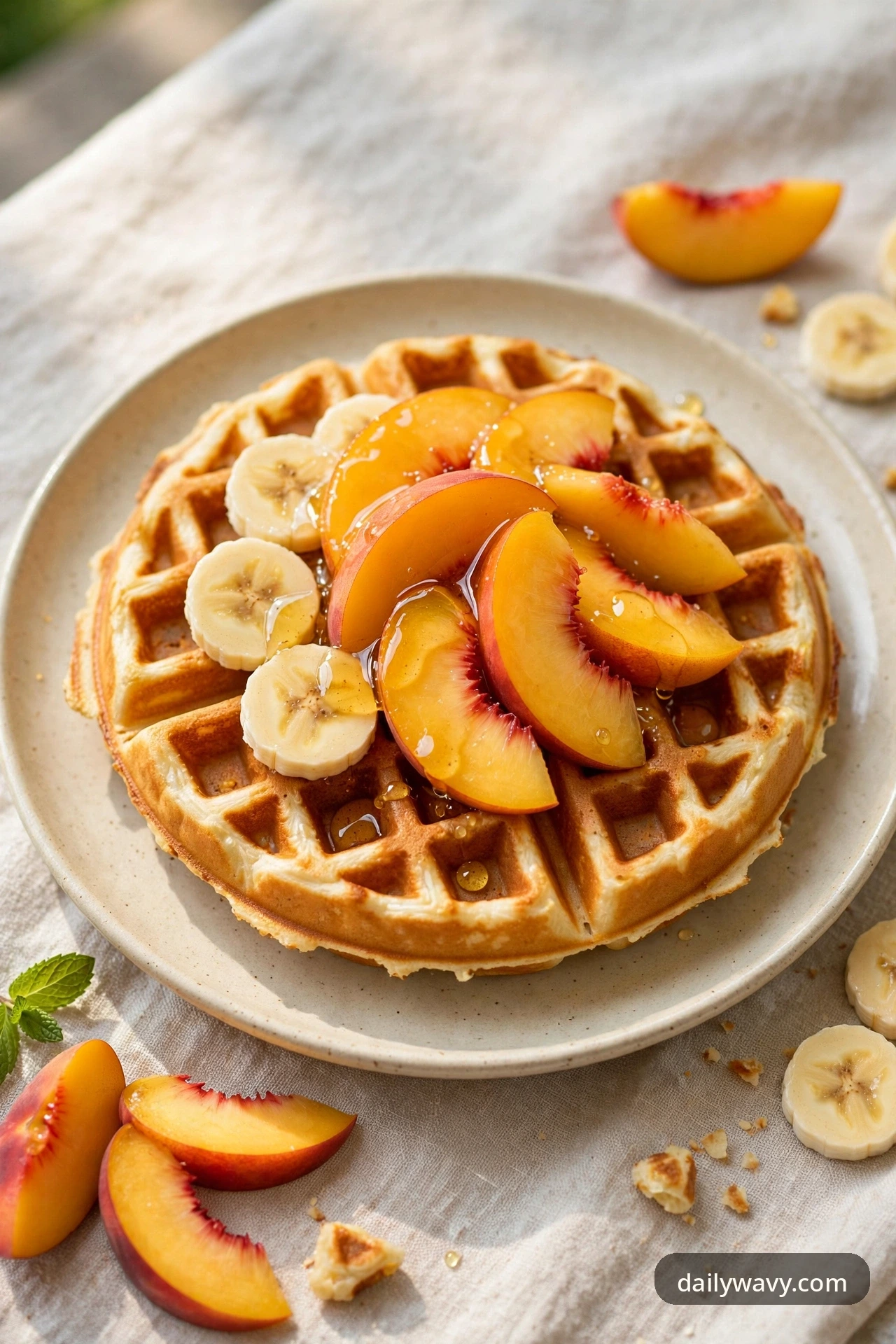 Banana waffles with peach topping