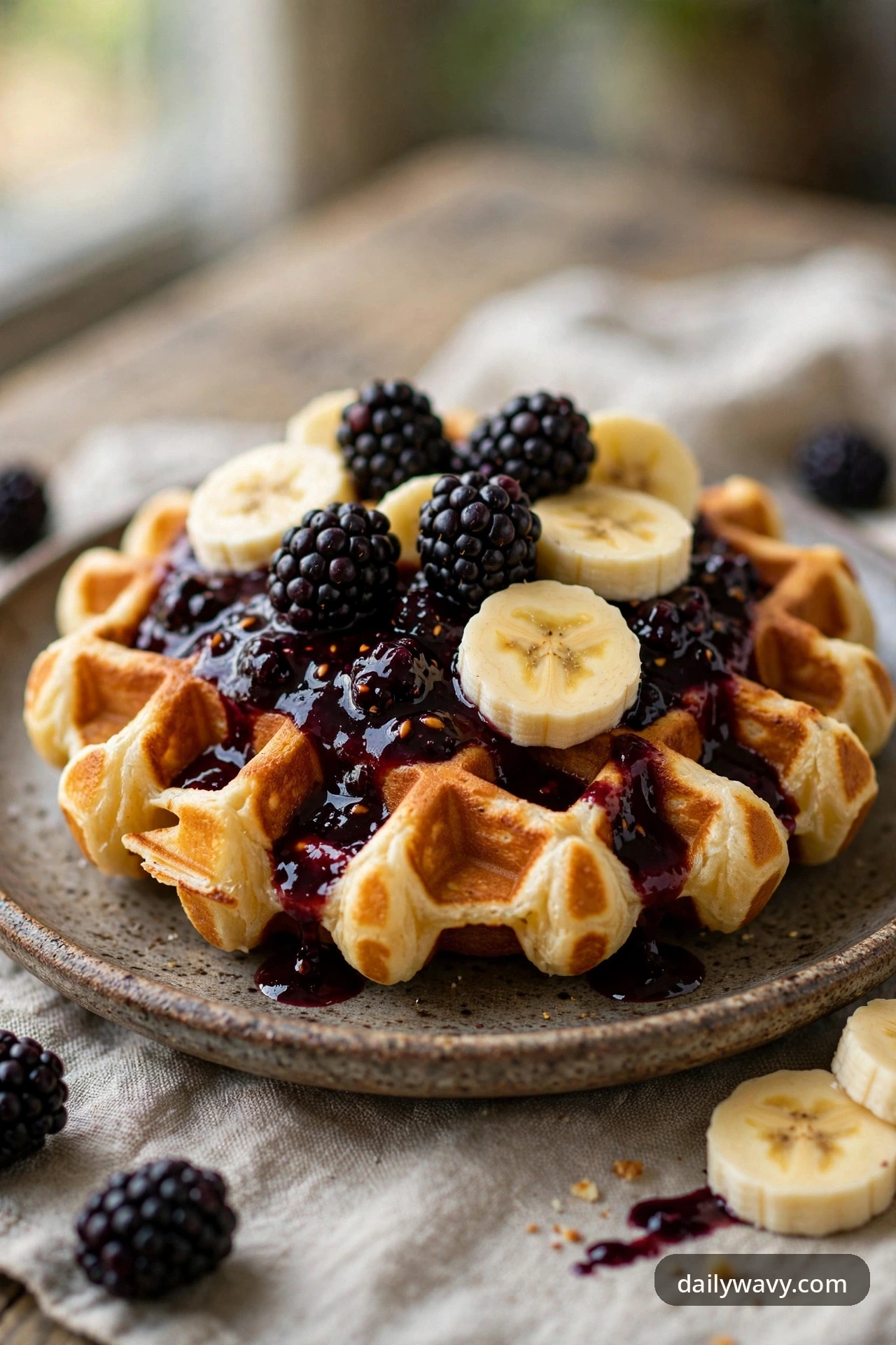 Banana waffles with blackberry sauce