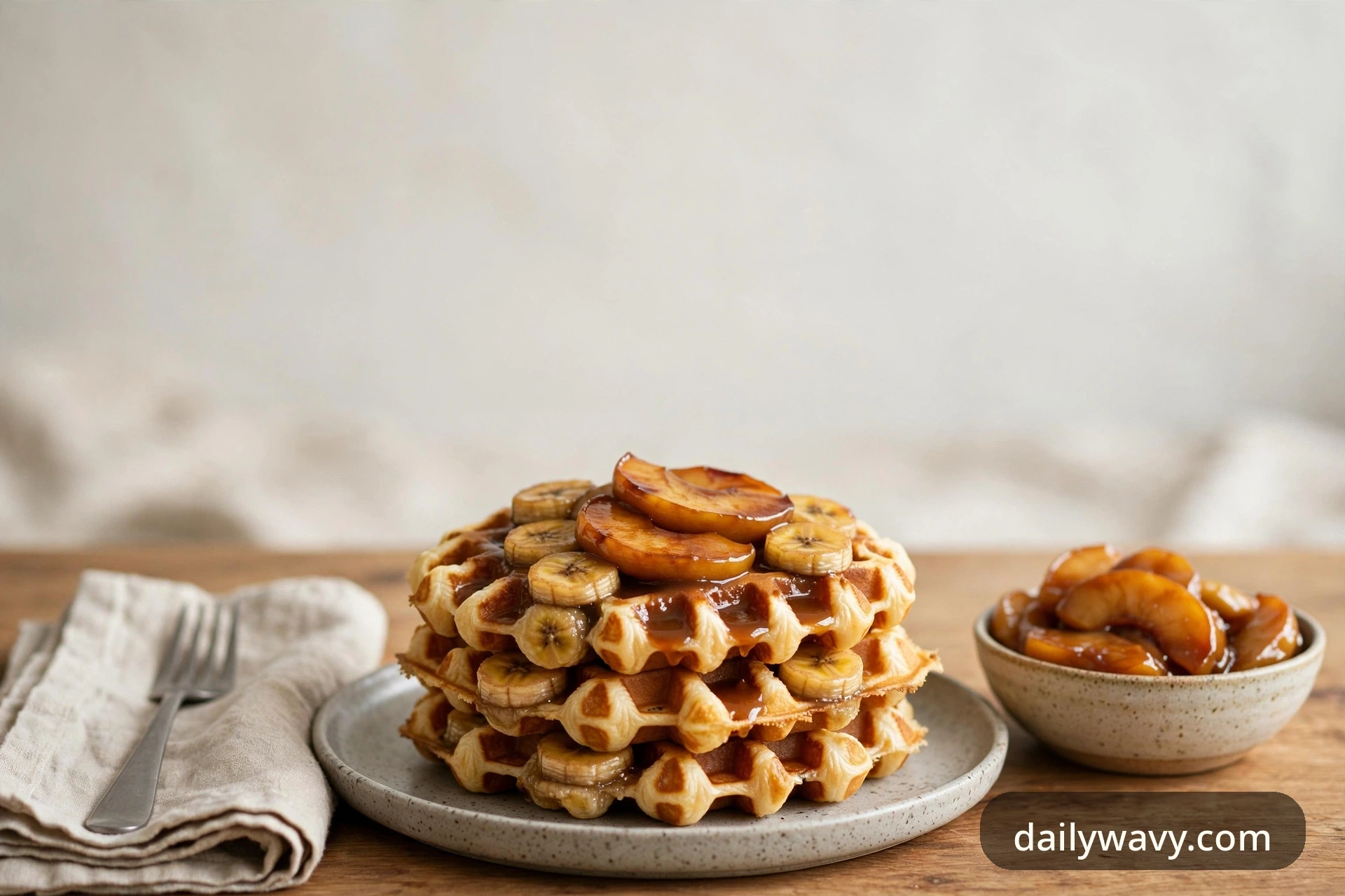 Banana waffles with caramelized apples shown in a complete styled scene