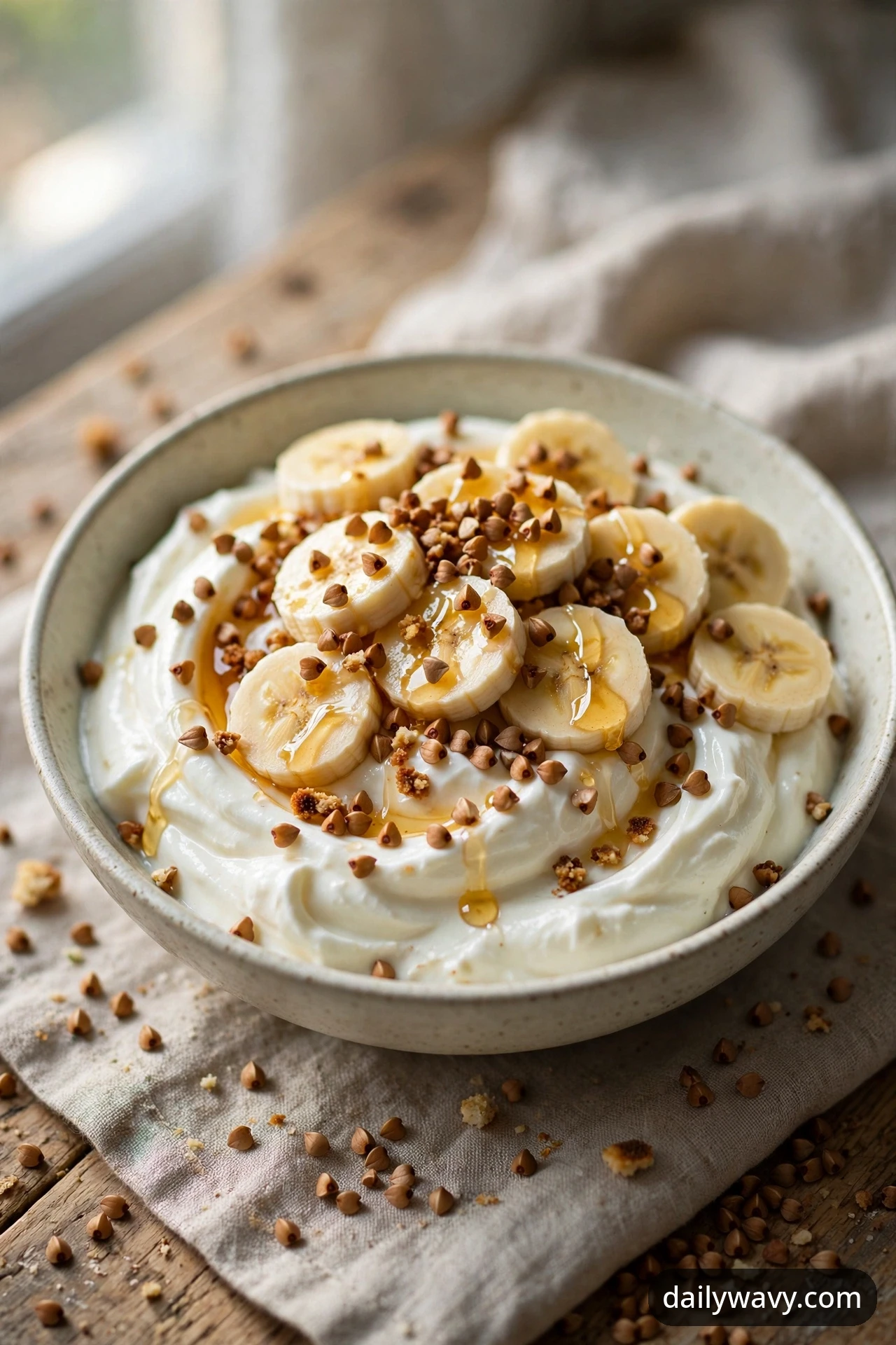 A closer view of the banana yogurt bowl with buckwheat crunch, banana coins piled in the center of swirled yogurt with honey drizzling over toasted buckwheat groats, photographed on a linen cloth.