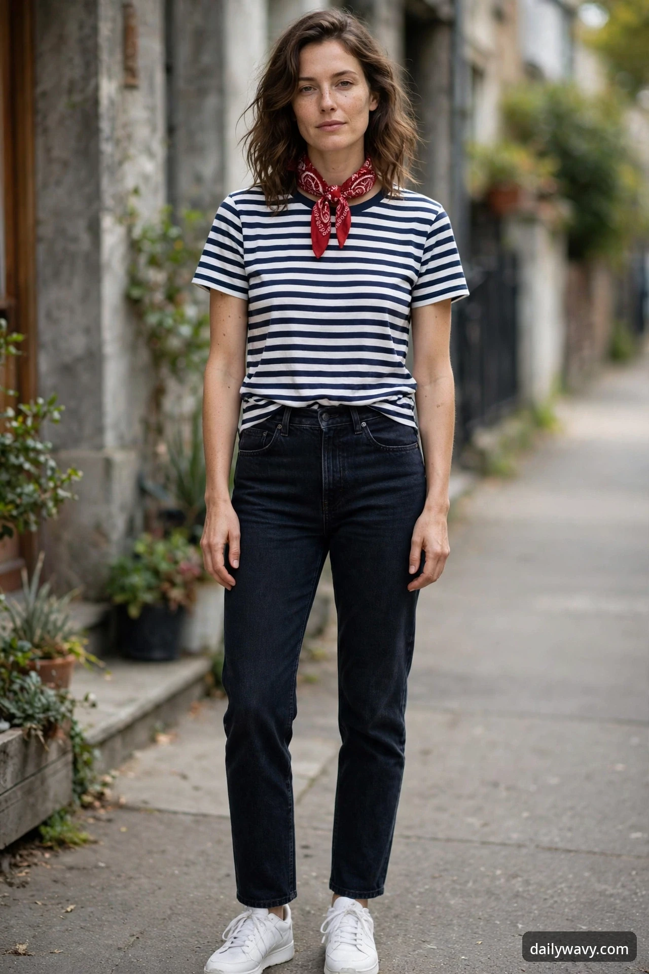 A closer front view of a woman standing on a sidewalk wearing a navy-and-white striped tee, dark jeans and white sneakers, with a red paisley bandana knotted at her neck.