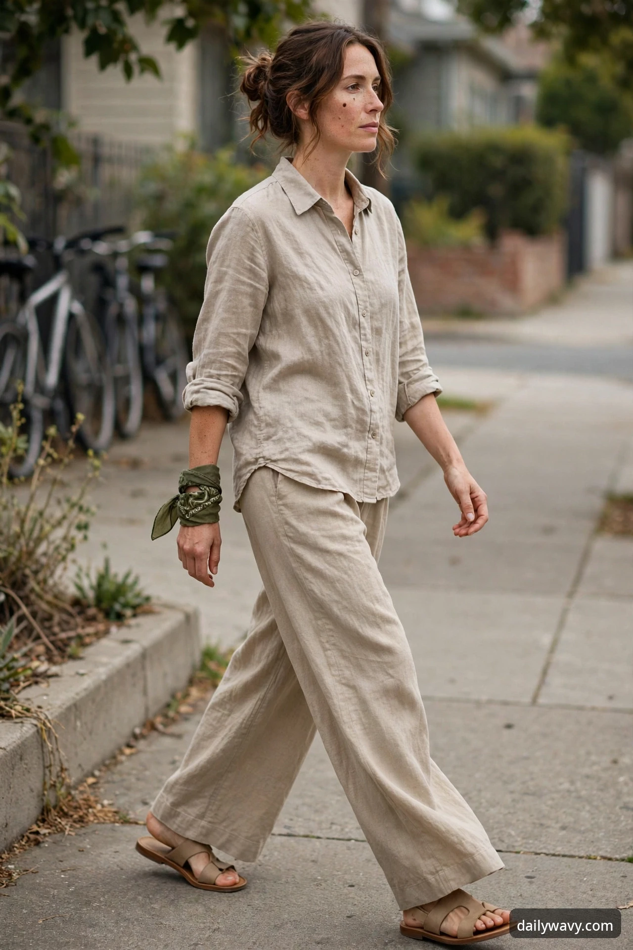 A woman walking on a sidewalk wearing a beige linen shirt with matching wide trousers and tan slide sandals, with an olive green bandana tied around her wrist.