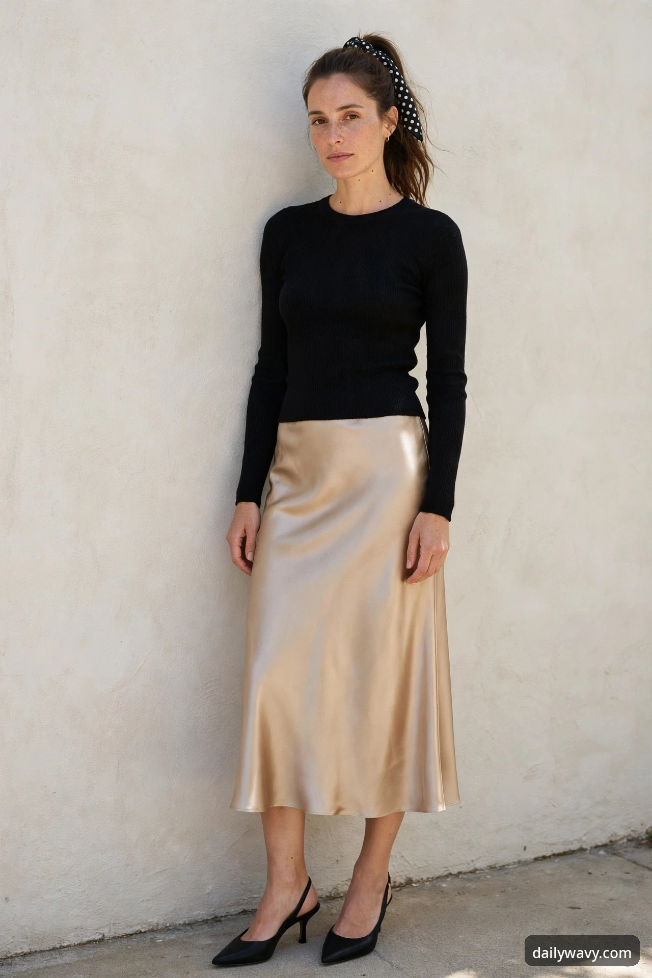A woman leaning against a white wall wearing a black long-sleeve knit top, a champagne satin midi skirt and black slingback heels, with a black-and-white polka-dot bandana tied around her ponytail.