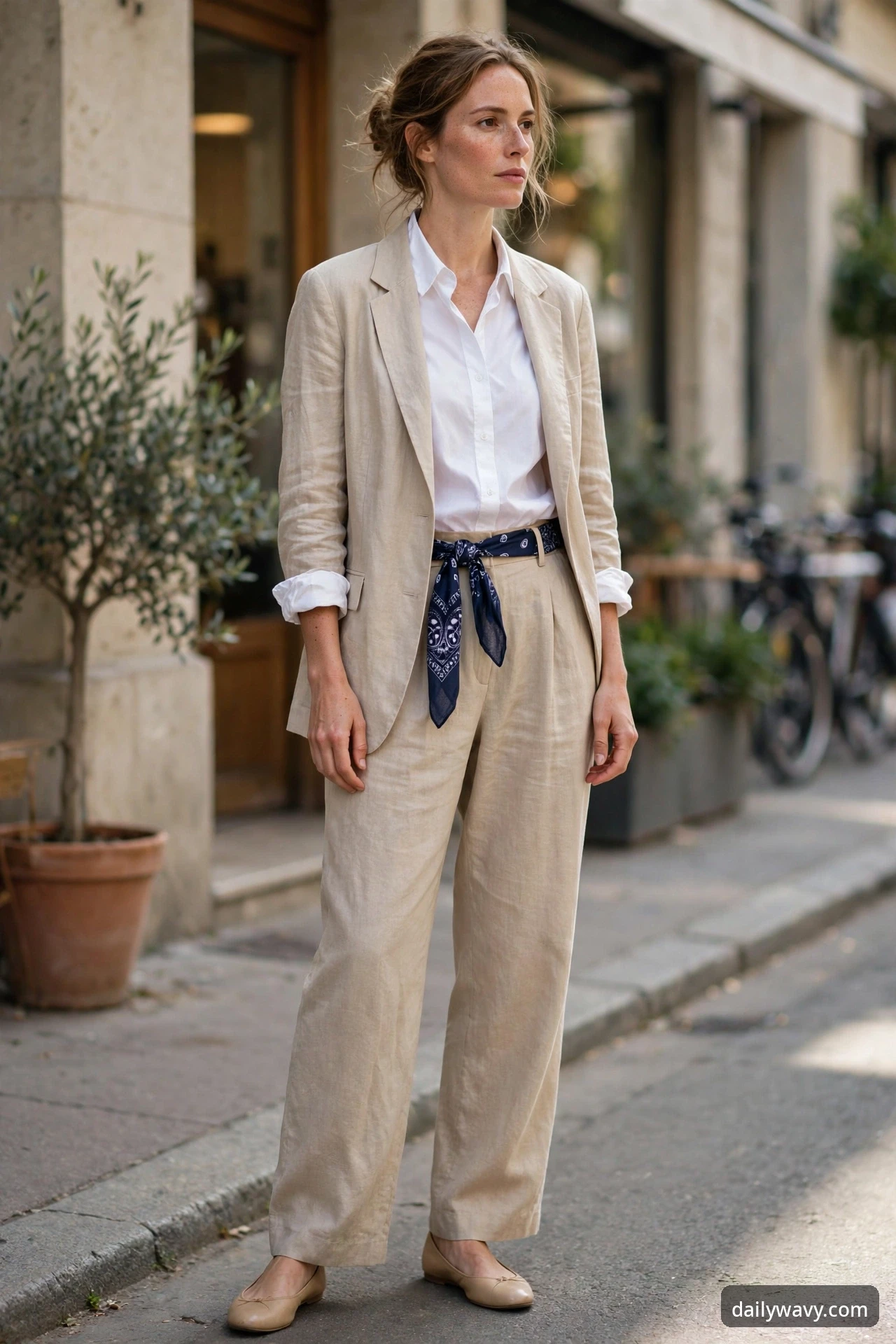 A woman standing on a city street wearing a beige relaxed suit over a white shirt with tan ballet flats, with a navy bandana knotted at her waist.