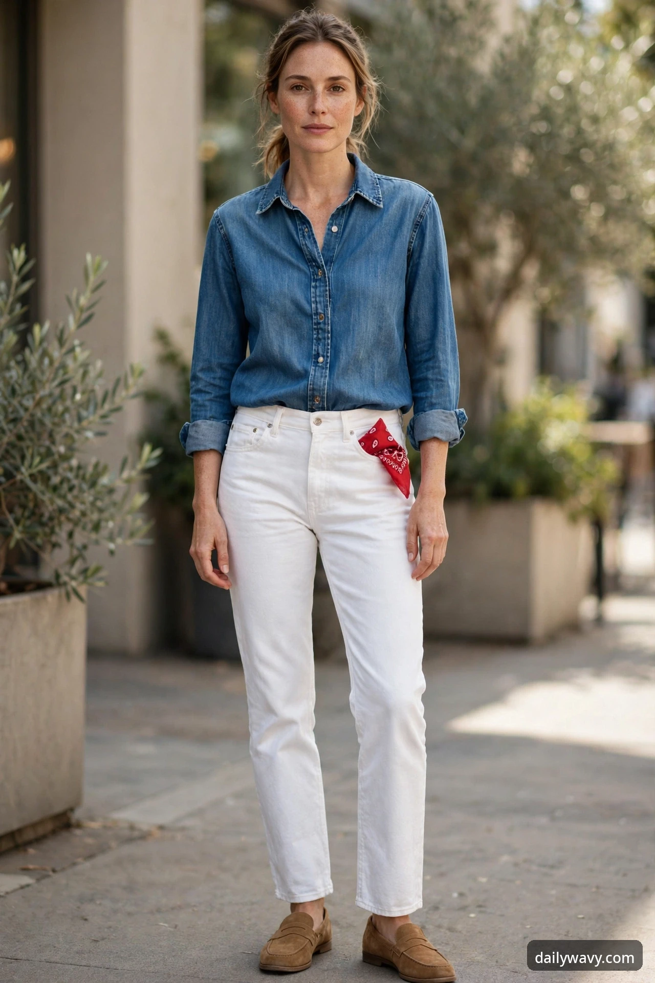 A woman standing outdoors wearing a chambray denim shirt, white jeans and tan suede loafers, with a red bandana tucked into her front jean pocket.