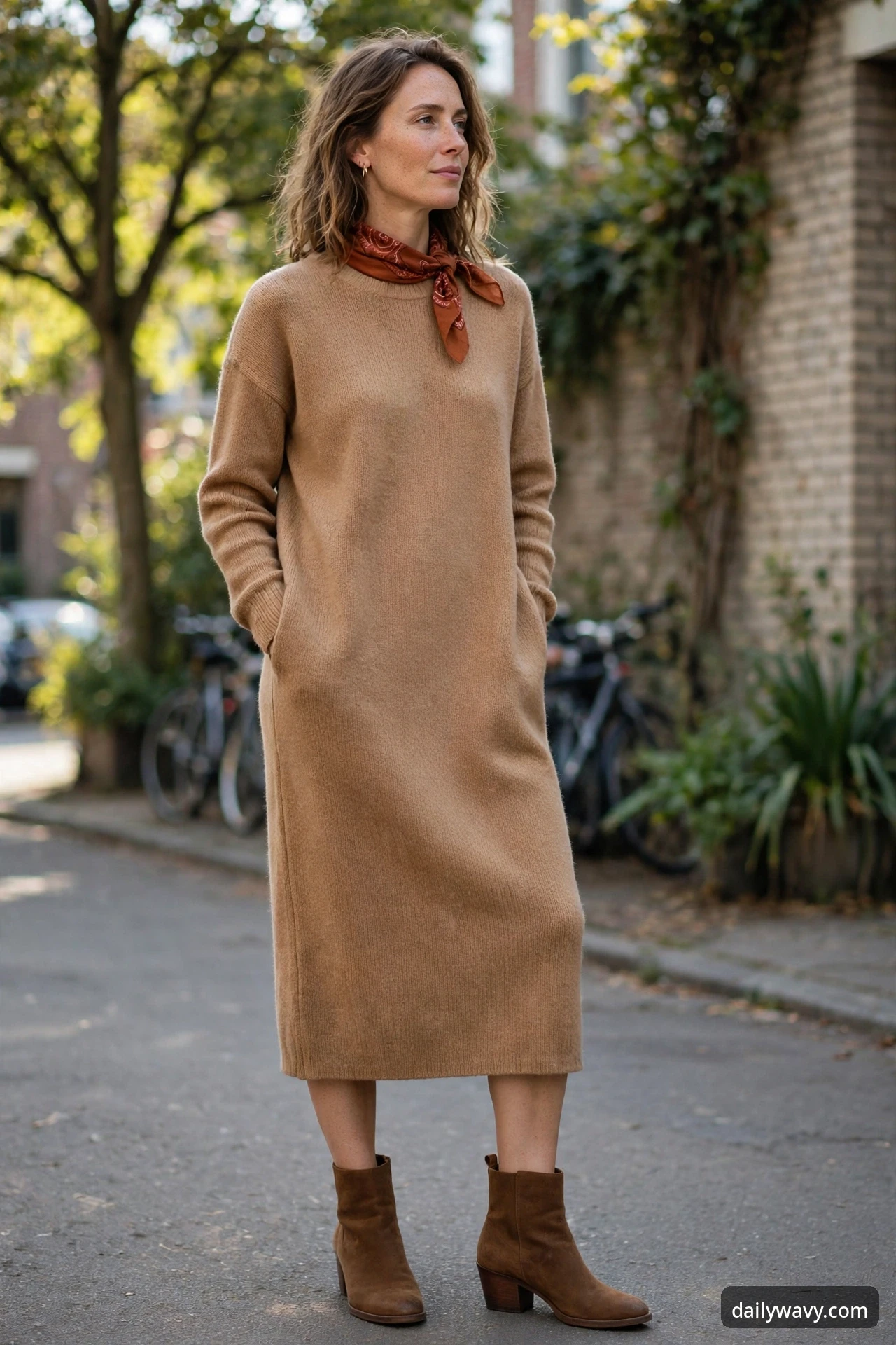 A woman standing on a street wearing a camel sweater dress with a rust bandana knotted at the side of her neck and brown suede ankle boots.