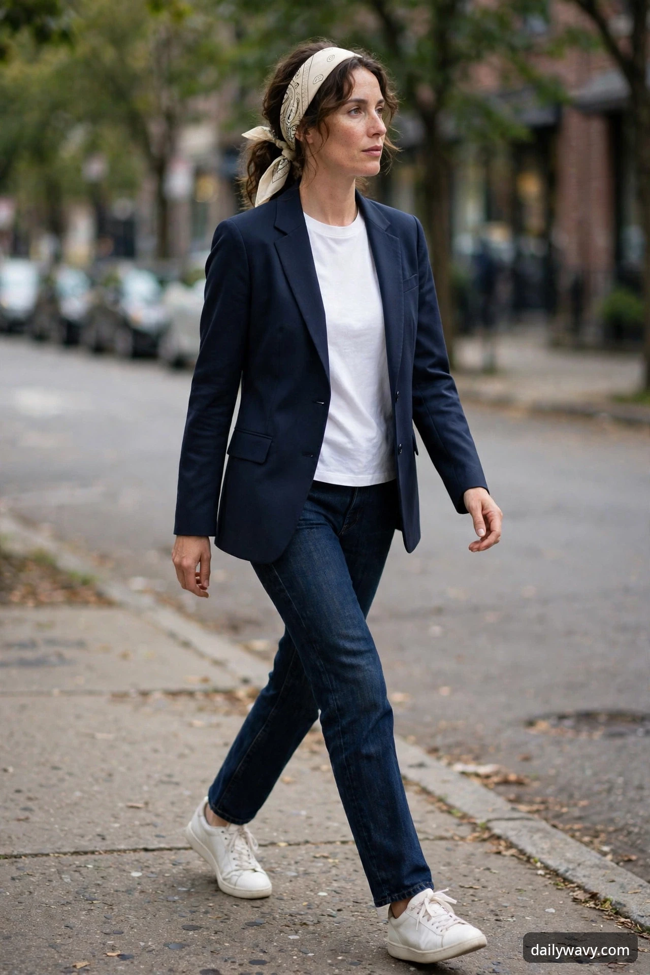 A woman walking on a sidewalk wearing a navy blazer over a white tee with dark jeans and white sneakers, with a cream paisley bandana tied as a headband.