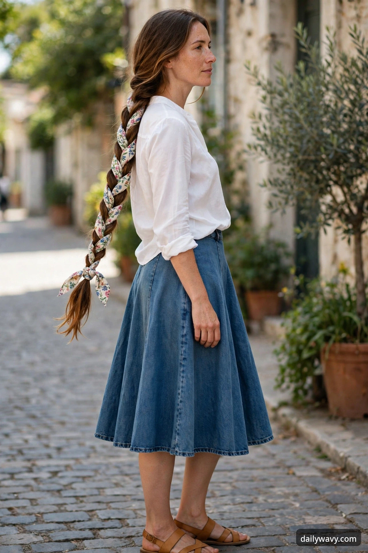 A woman in side profile on a cobblestone street wearing a white blouse, a denim midi skirt and tan sandals, with a floral bandana woven into her long side braid.