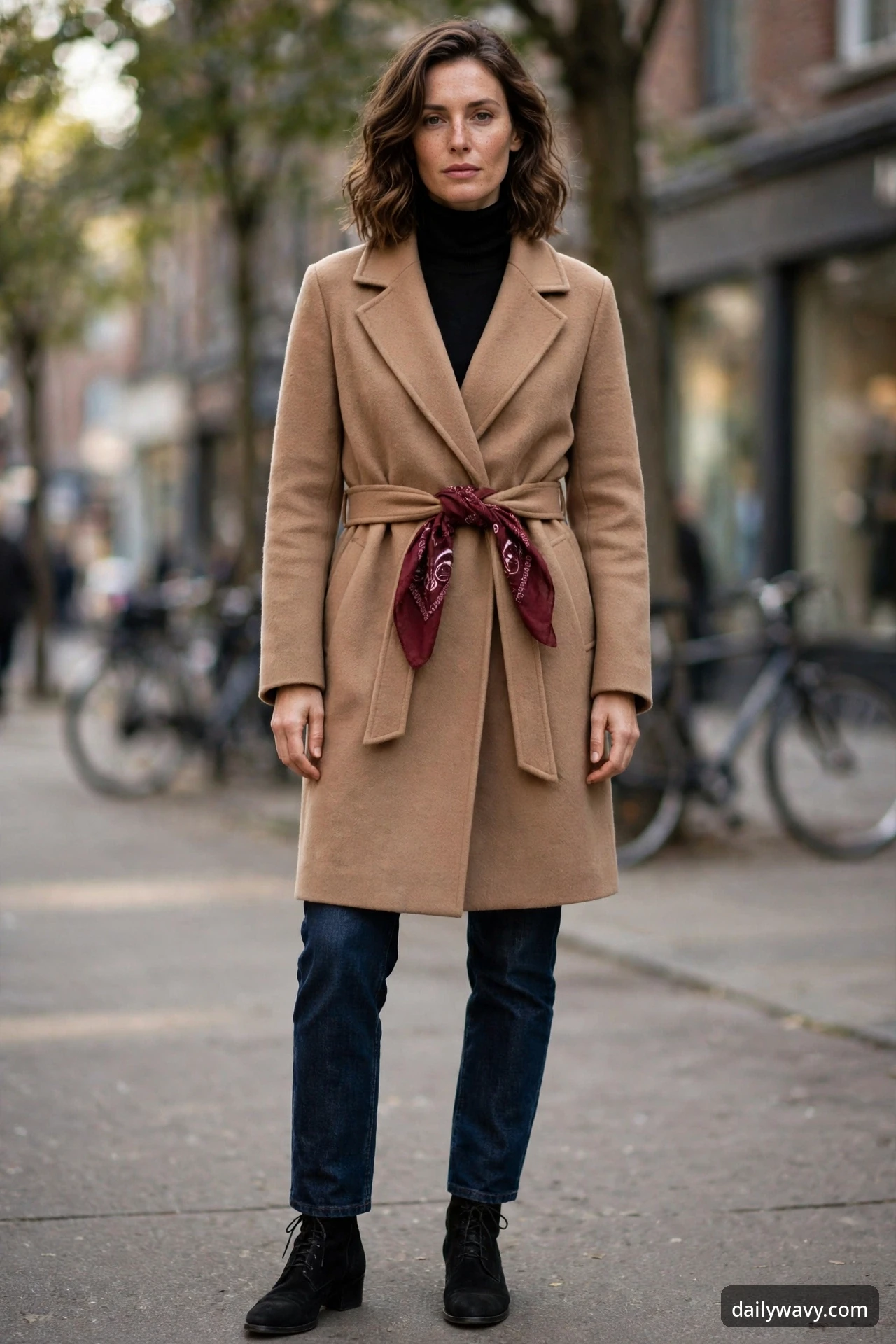 A woman standing on a street wearing a camel wool coat over a black turtleneck with dark jeans and black lace-up ankle boots, with a burgundy bandana knotted at the coat belt.