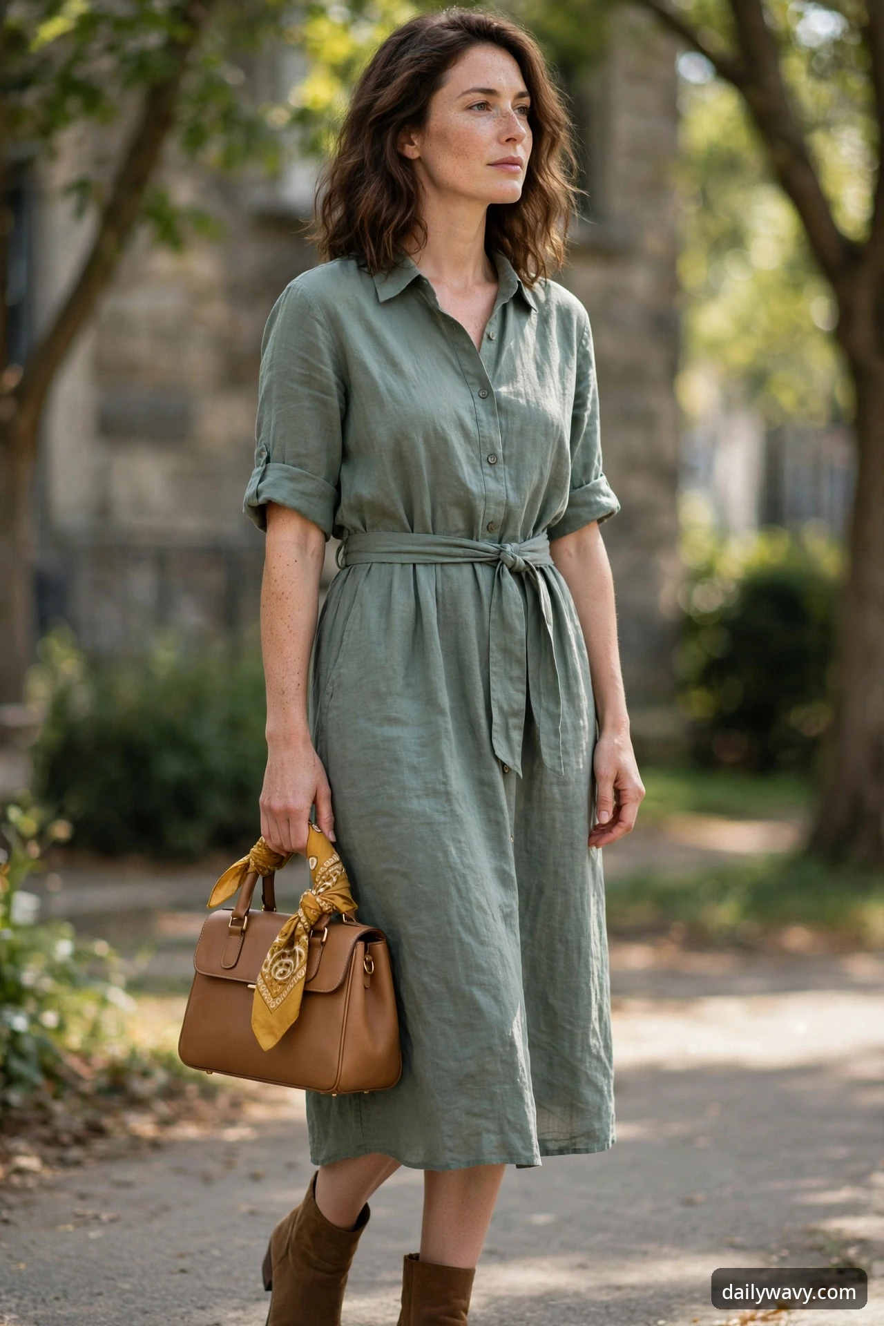A woman standing in a park wearing a sage green linen shirt dress with a tie belt and brown suede ankle boots, carrying a tan handbag with a mustard bandana tied around the handle.