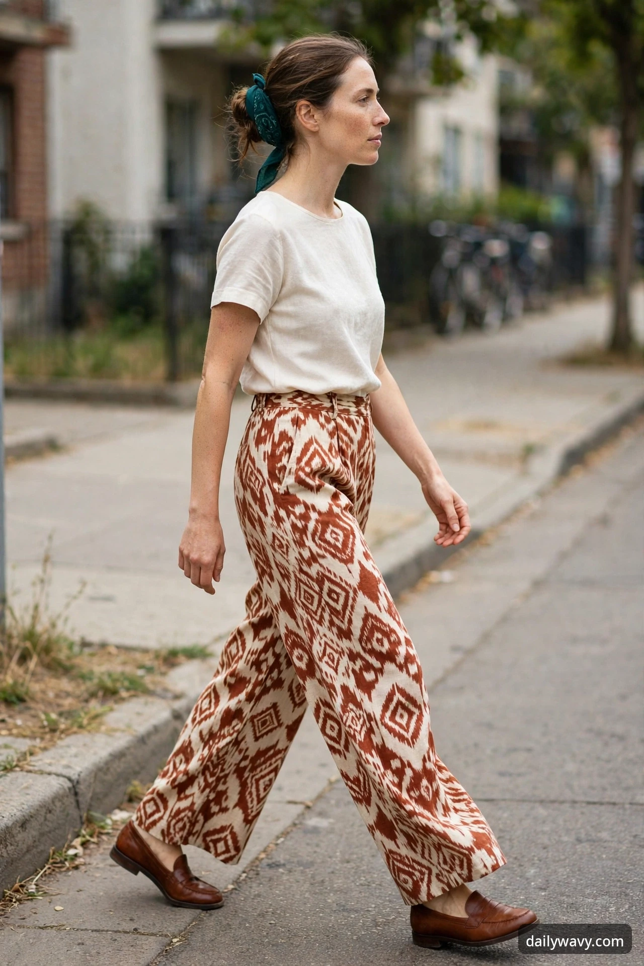 A woman walking on a city street wearing a white tee, rust-and-cream ikat wide trousers and brown loafers, with a teal bandana tied in her low bun.
