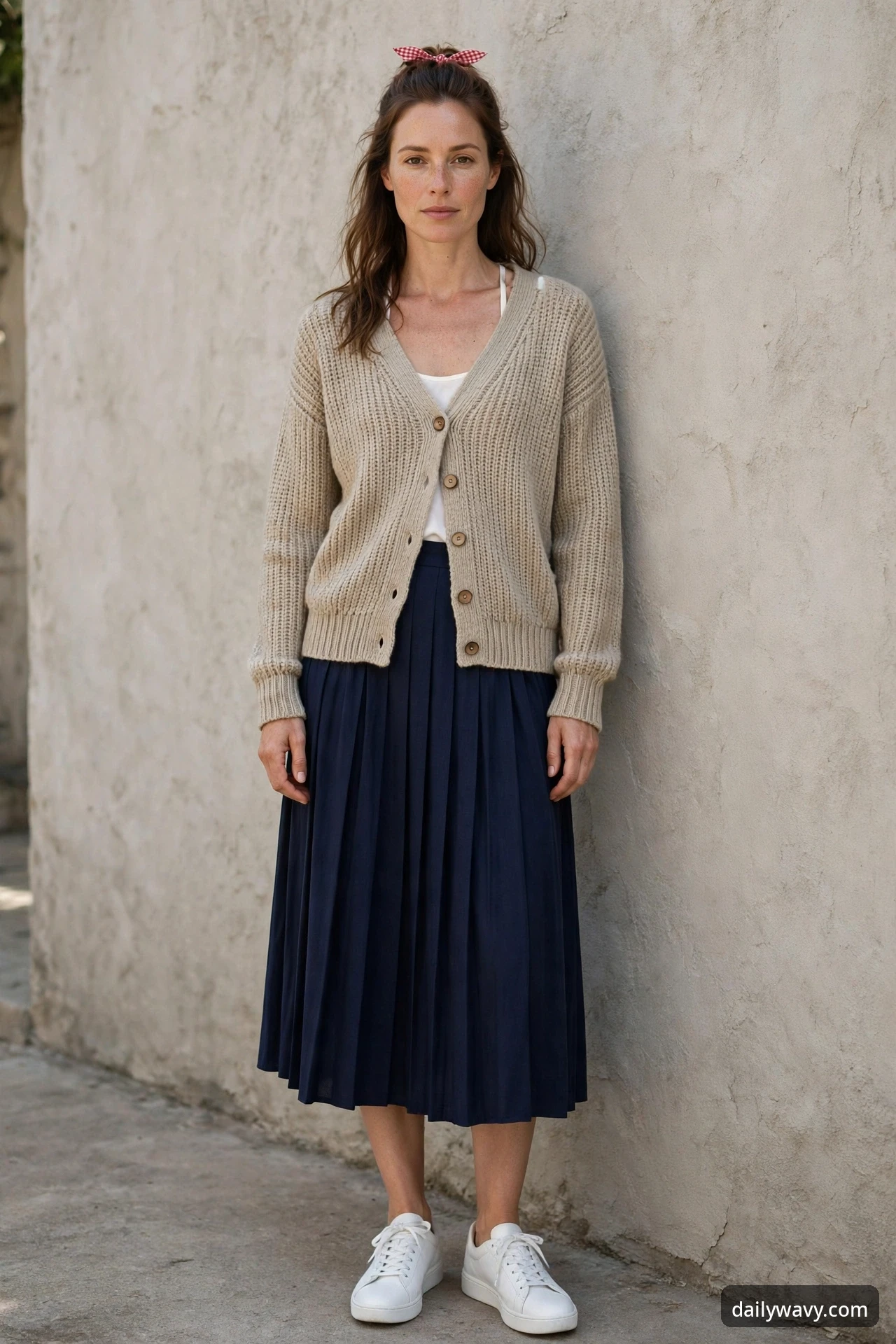 A woman leaning against a wall wearing an oatmeal chunky knit cardigan, a navy pleated midi skirt and white sneakers, with a red-and-white gingham bandana tied in a small bow at the top of her head.