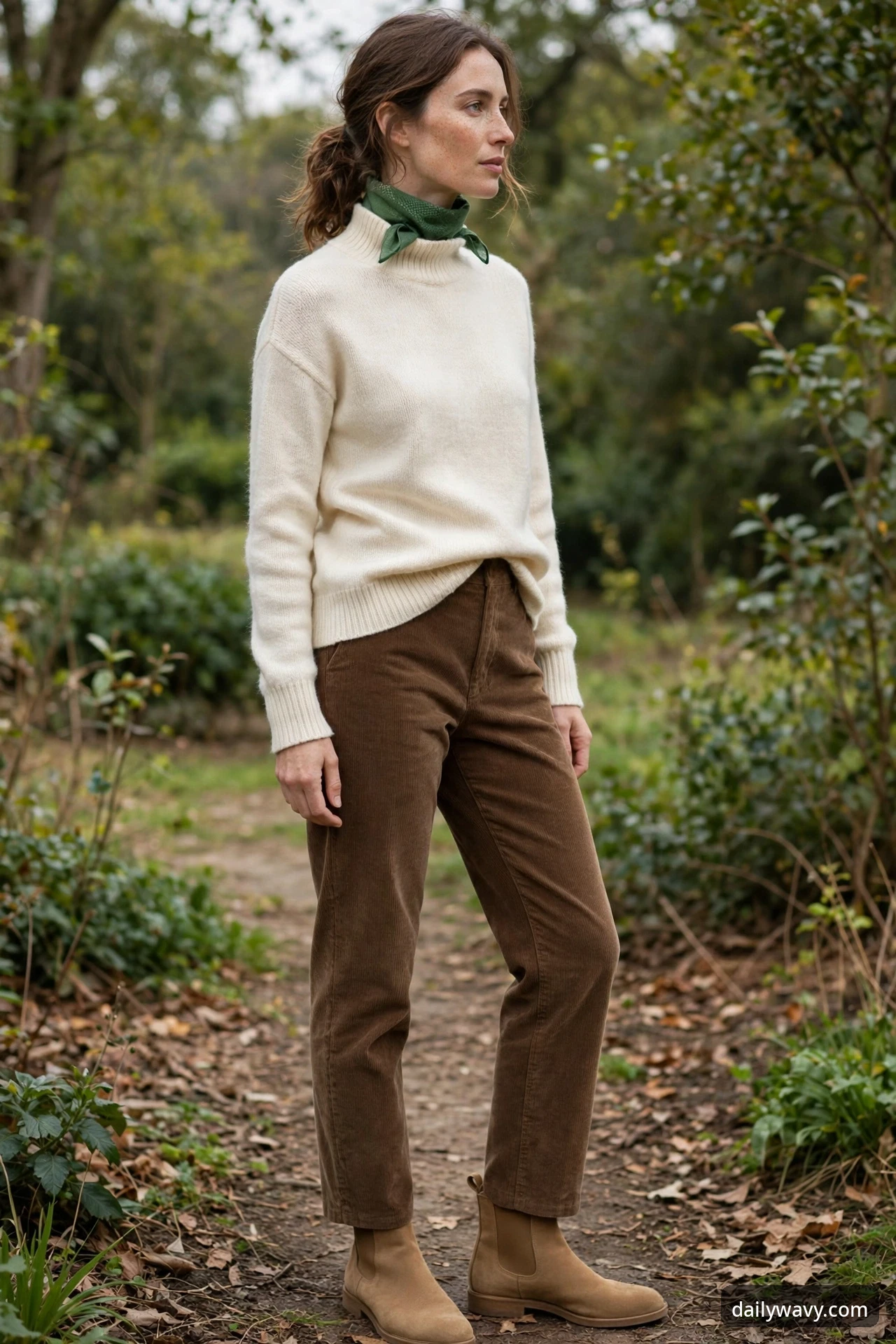 A woman standing on a woodland path wearing a cream mock-neck sweater, brown corduroy trousers and tan suede chelsea boots, with a dark green bandana knotted at her neck.